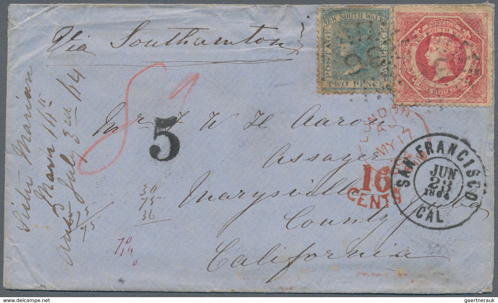 Neusüdwales: 1864, QV 1 Sh. And 2 D. Canc. "36" On Cover Endorsed "Via Southampton" To California/US - Briefe U. Dokumente
