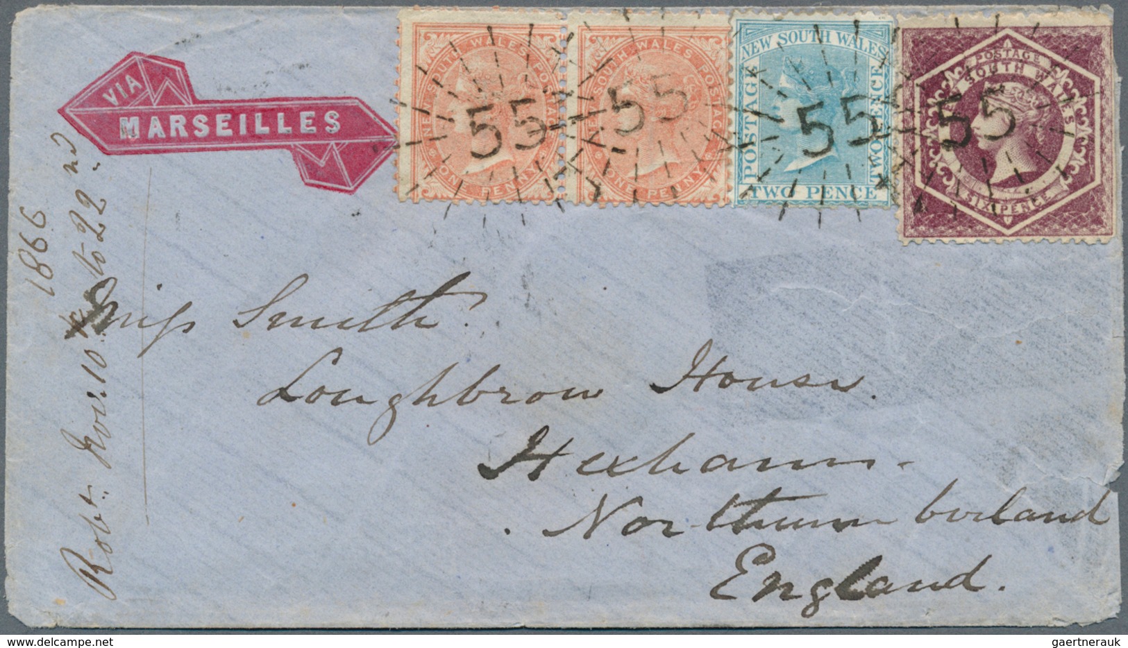 Neusüdwales: 1866, 2 X 1 D Brick-red, 2 D Pale Blue And 6 D Purple (imperforated At Right), Each Tie - Lettres & Documents