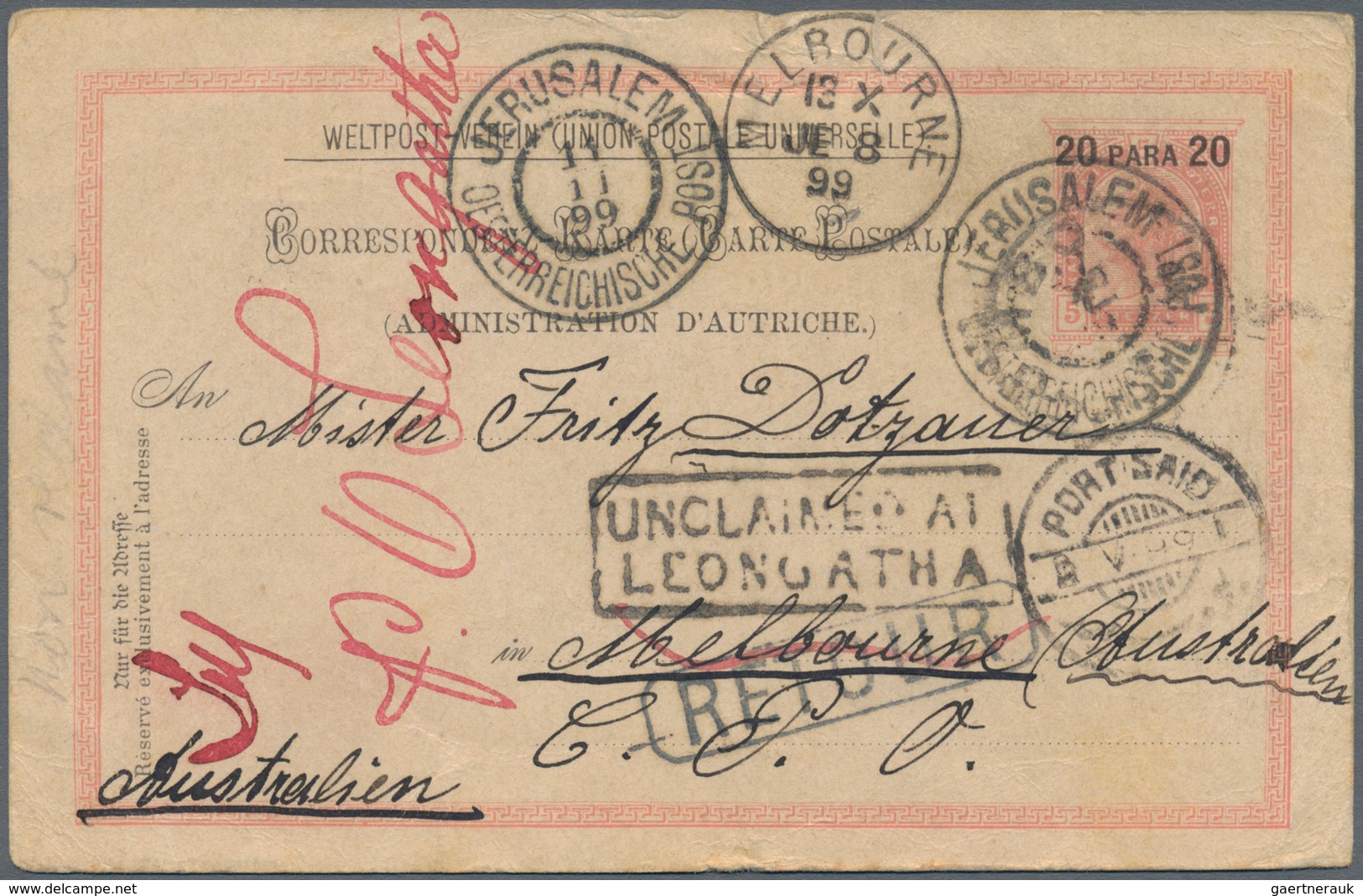 Neusüdwales: Incoming Mail, 1899, Stationery 20 P./6 H. Tied "JERUSALEM 26 4 99" To Melbourne/Austra - Lettres & Documents