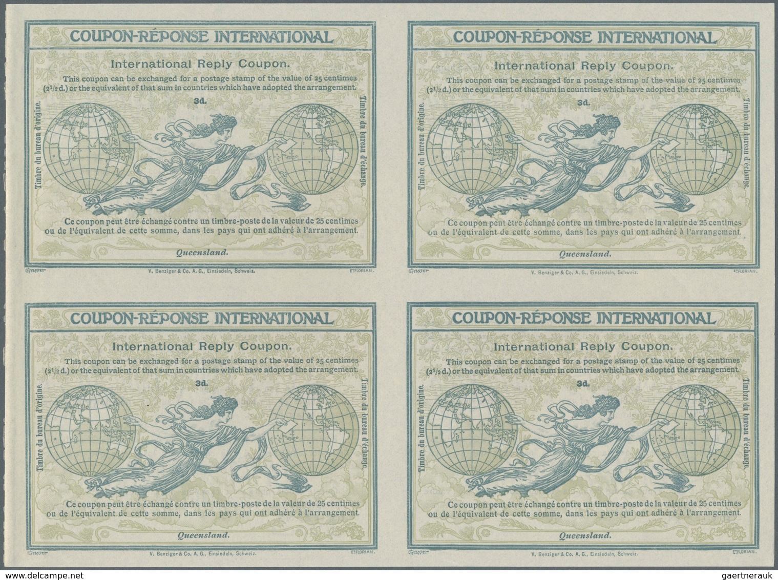 Queensland: Design 1906 International Reply Coupon As Block Of Four 3 D Queensland. This Block Of In - Lettres & Documents