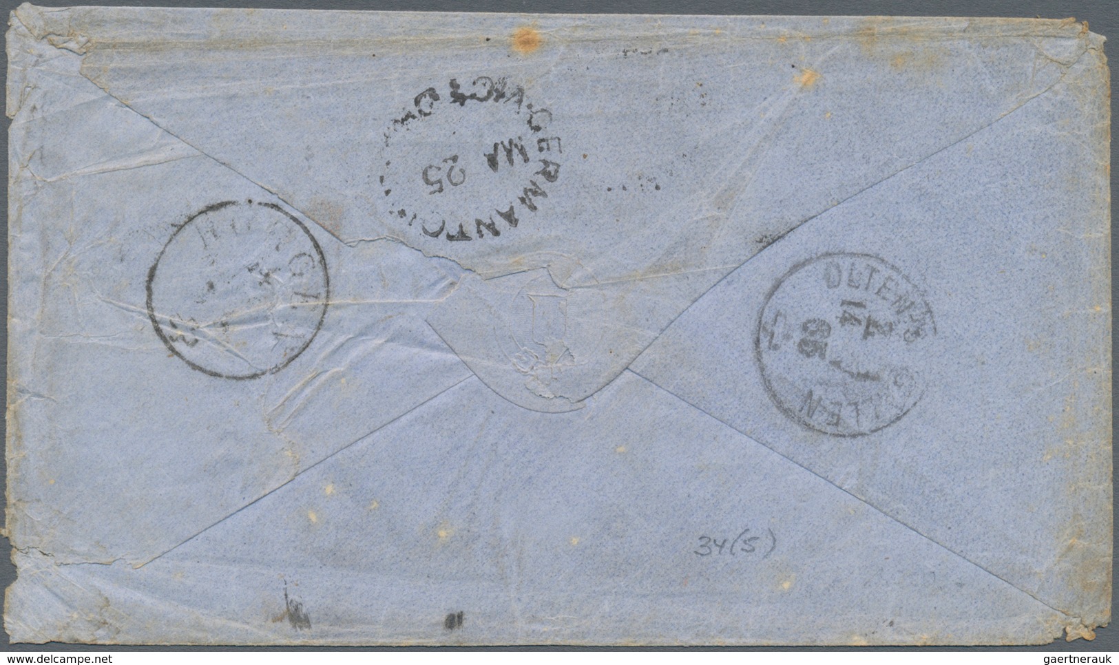 Victoria: 1865, QV 6 D. Black (5) Tied Oval Bar "27" To Small Envelope With Emboss "via Marseilles" - Lettres & Documents