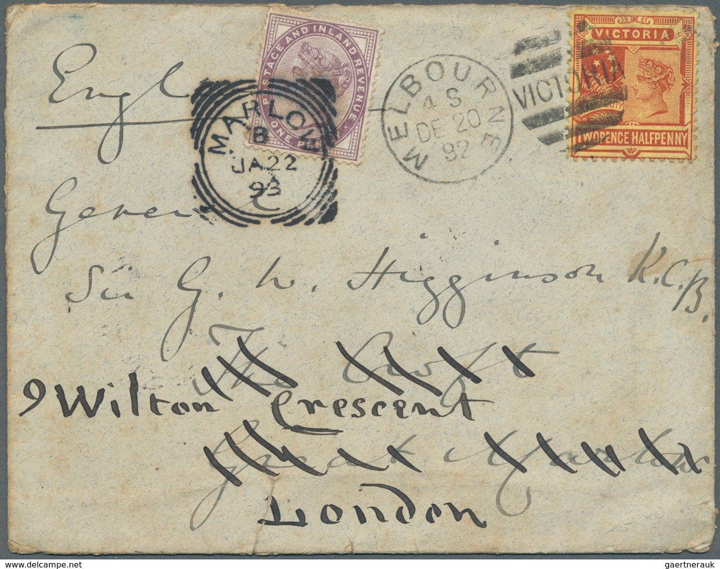 Victoria: 1892, QV 2 1/2d Tied Duplex "MELBOURNE DE 20 92" To Small Cover To MarlowEngland, Uprated - Lettres & Documents