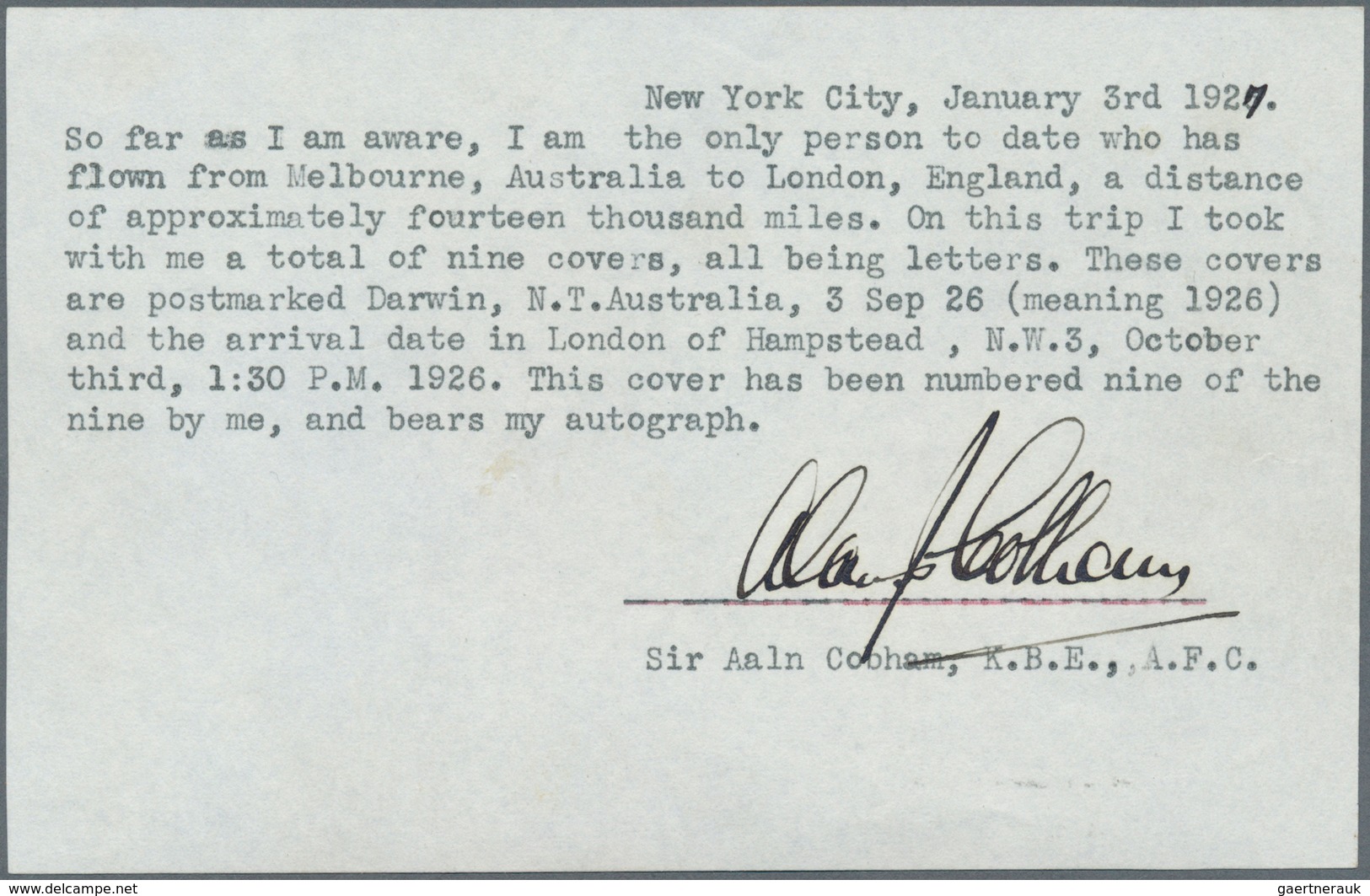 Australien: 1926 FIRST FLIGHT DARWIN -LONDON By Sir Alan Cobham In A Havilland 50 Seaplane. Cover Sh - Lettres & Documents