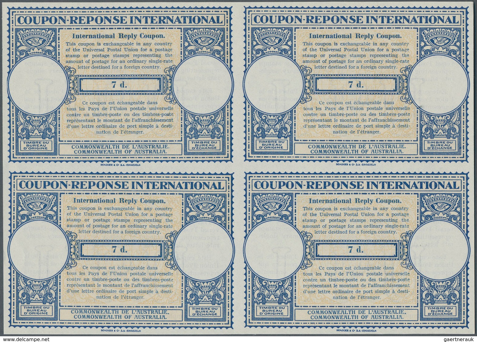 Australien - Ganzsachen: 1947. International Reply Coupon 7d (London Type) In An Unused Block Of 4. - Entiers Postaux