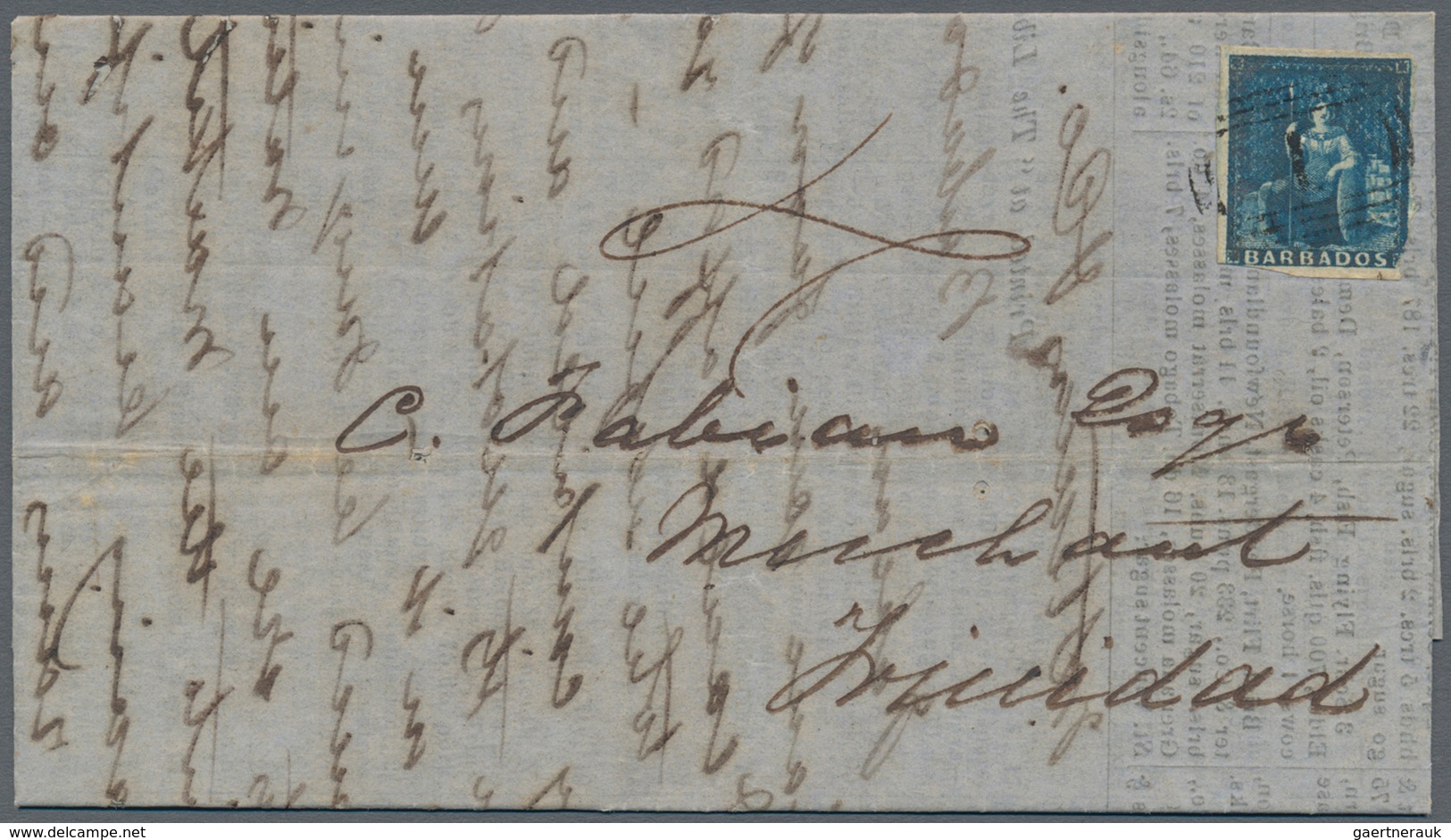 Barbados: 1855, 1 D. Deep Blue Tied By Numeral "1" To Folded Letter (inside Printed Page Of The Merc - Barbades (1966-...)