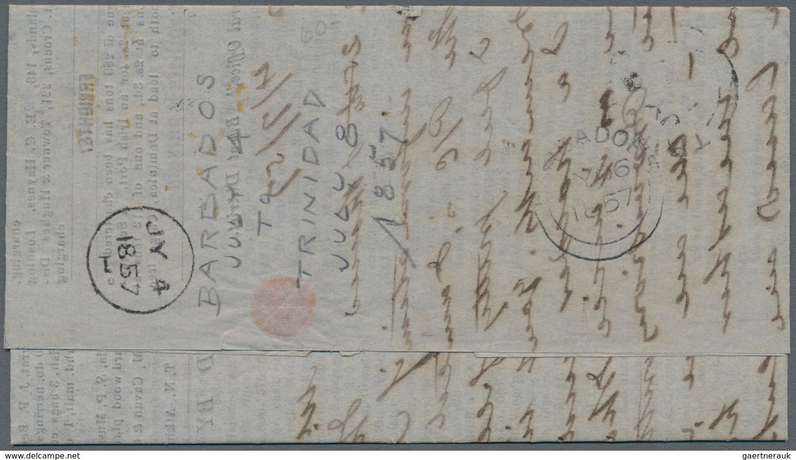 Barbados: 1855, 1 D. Deep Blue Tied By Numeral "1" To Folded Letter (inside Printed Page Of The Merc - Barbades (1966-...)