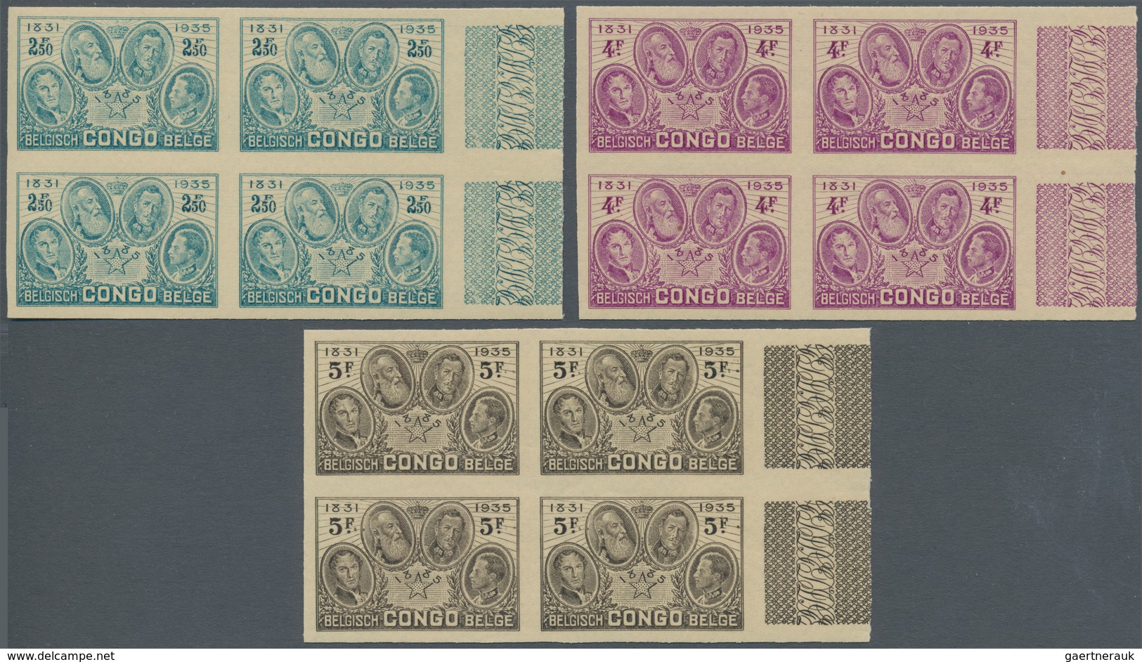 Belgisch-Kongo: 1935, 50th Anniversary Of Congo State, 0.50fr. To 5fr., Complete Set In IMPERFORATE - Collections