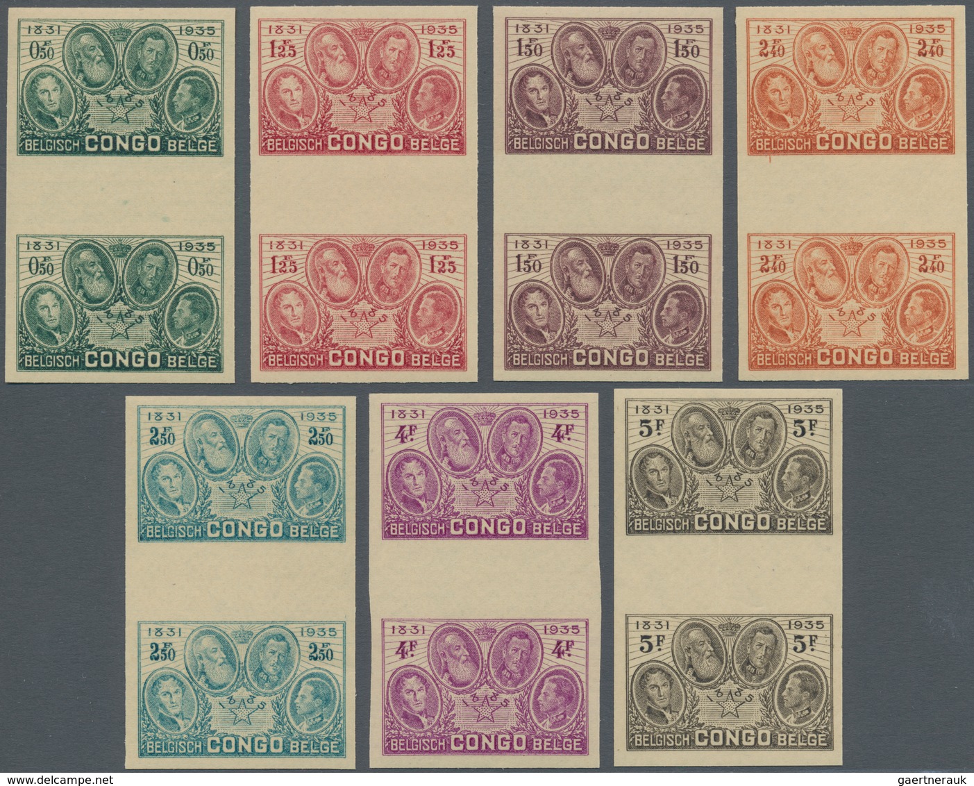 Belgisch-Kongo: 1935, 50th Anniversary Of Congo State, 0.50fr. To 5fr., Complete Set In IMPERFORATE - Sammlungen