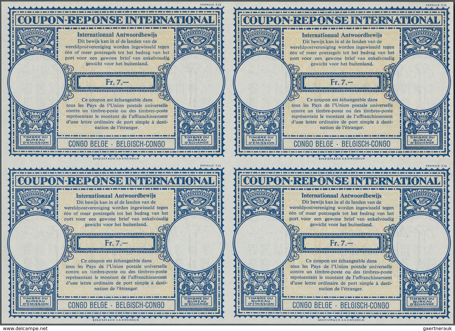 Belgisch-Kongo: 1958. International Reply Coupon Fr. 7.- (London Type) In An Unused Block Of 4. Issu - Collections