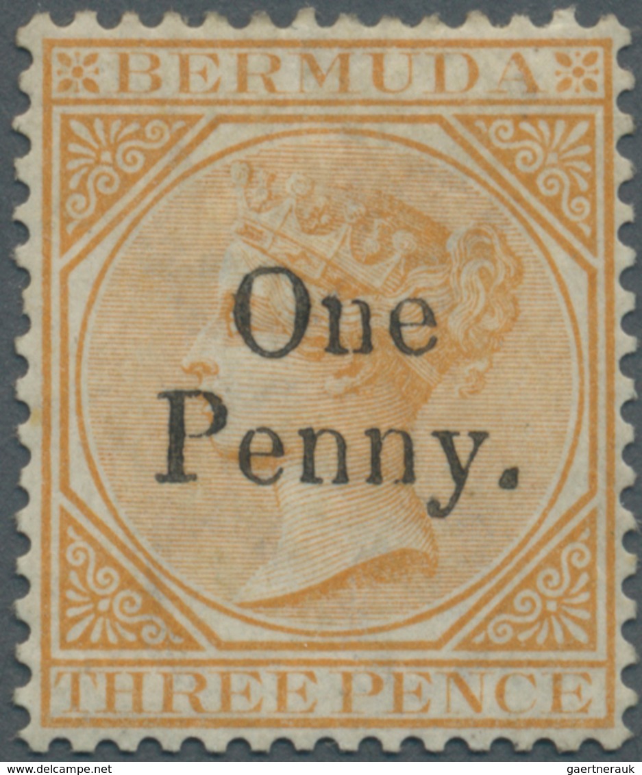 Bermuda-Inseln: 1875, QV 3d. Yellow-buff With Wmk. Crown CC Surcharged ‚One Penny.‘, Mint Heavy Hing - Bermudes