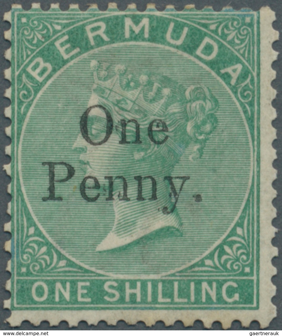 Bermuda-Inseln: 1875, QV 1s. Green With Wmk. Crown CC Surcharged ‚One Penny.‘, Mint Hinged, Scarce S - Bermudes