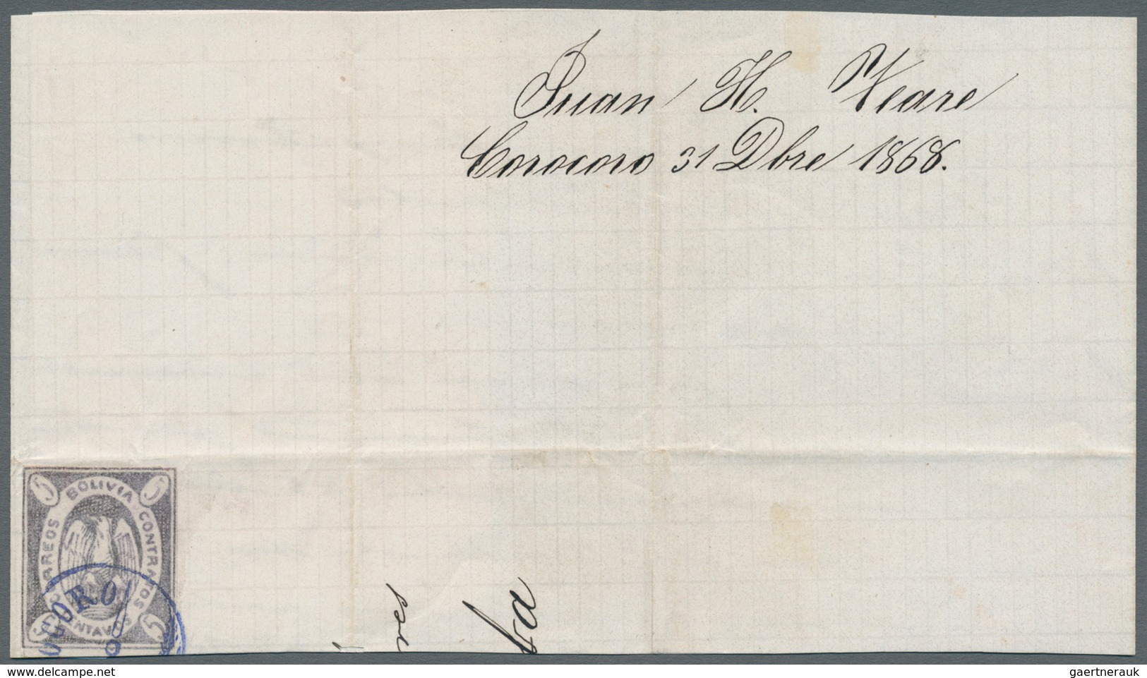 Bolivien: 1868 'Condor' 5c. Violet On Part (half) Cover From Corocoro To Cochambamba, Dated 31. Dec. - Bolivien