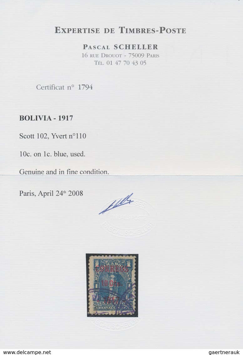 Bolivien: 1917, "Correos 10 Cts. -1917-" On 1c Blue COBIJA PROVISIONAL SURCHARGE In Camine, Ty. I, ( - Bolivien