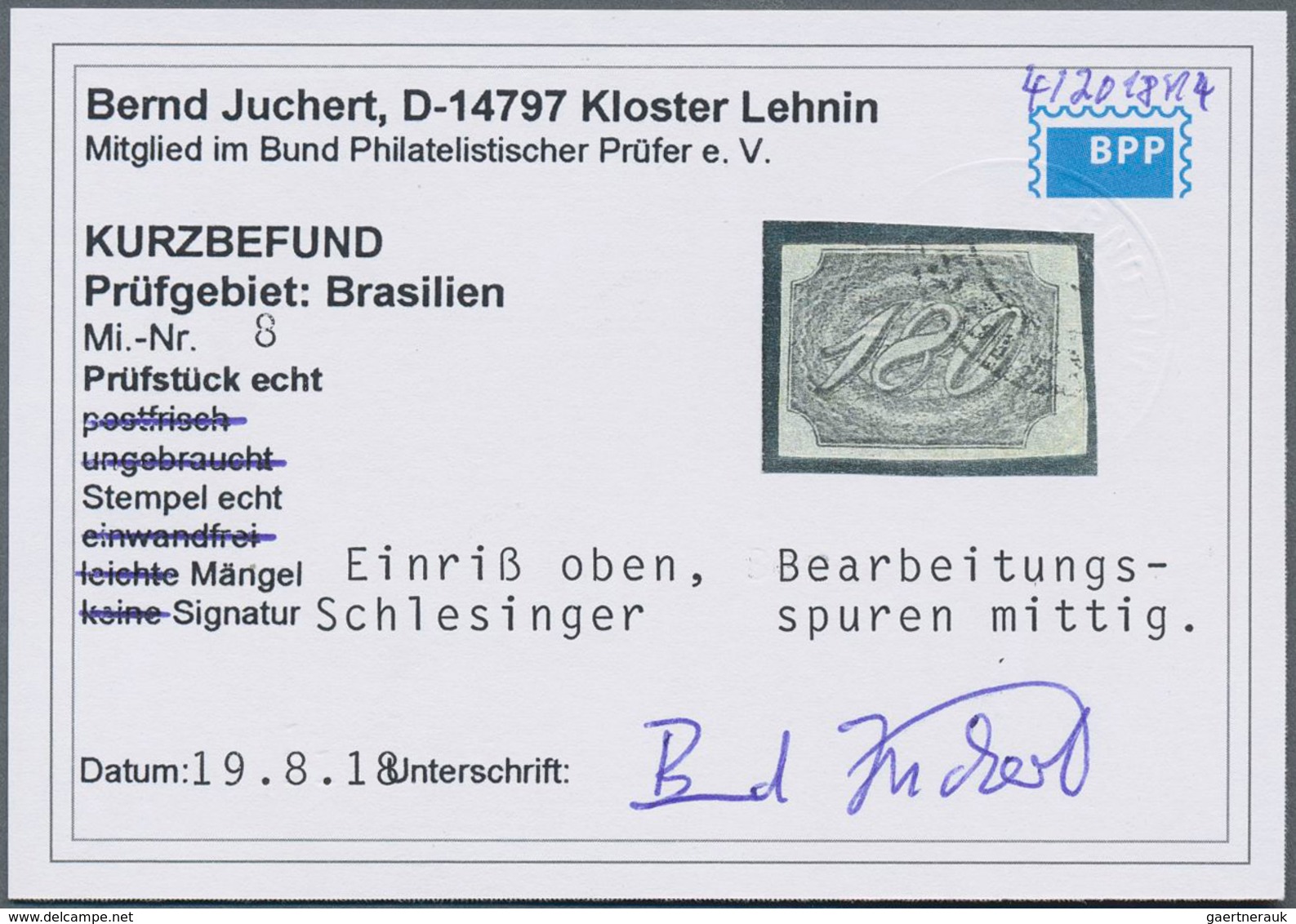 Brasilien: 1844, 180r. Black "Inclinados", Fresh Colour, Close To Wide Margins, Small Nick At Top An - Ungebraucht