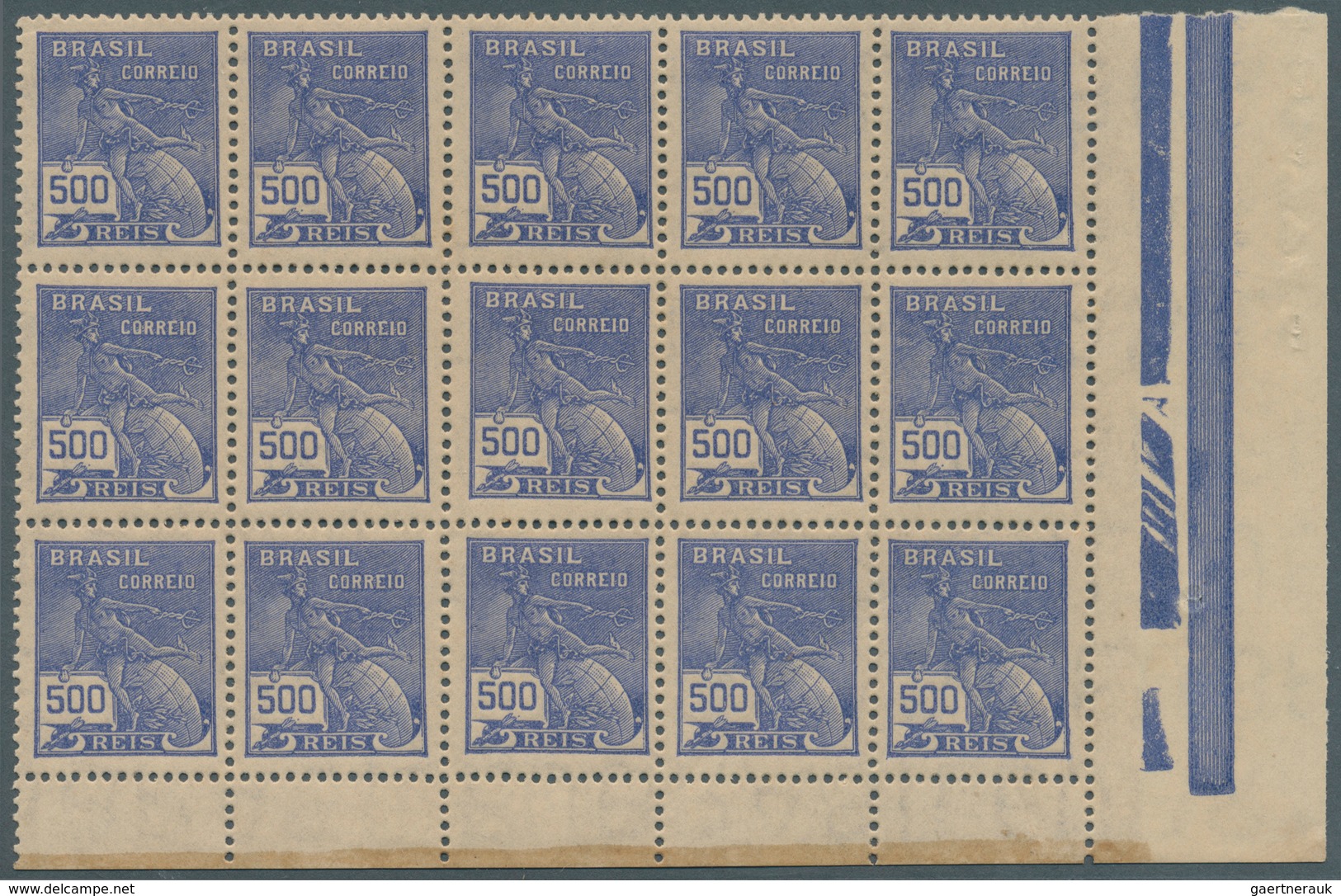 Brasilien: 1929, 500 Rs Ultramarine, Wm "I", Block Of 15 From The Lower Right Corner Of The Sheet, U - Ungebraucht