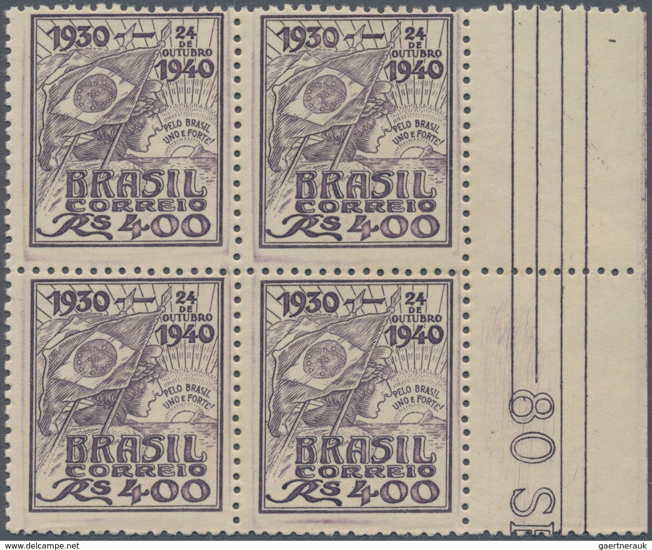 Brasilien: 1940, 10 Years Government Of Getulio Vargas 400r. Dark Lilac Showing Flag Of Brazil WITHO - Neufs