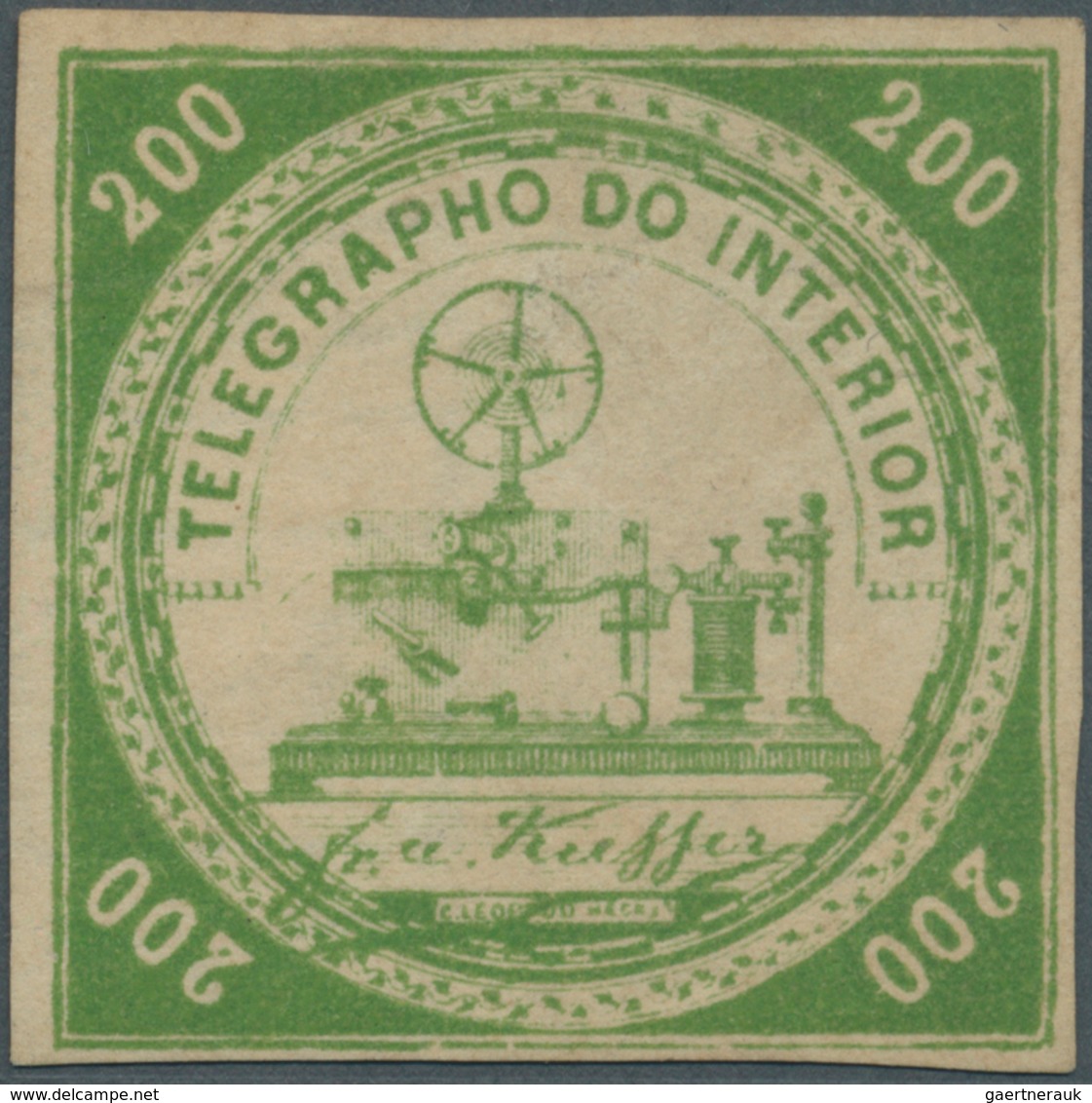 Brasilien - Telegrafenmarken: 1873, 200r. Yellow-green, Wm "Lacroix Freres", Fresh Colour, Full Marg - Télégraphes