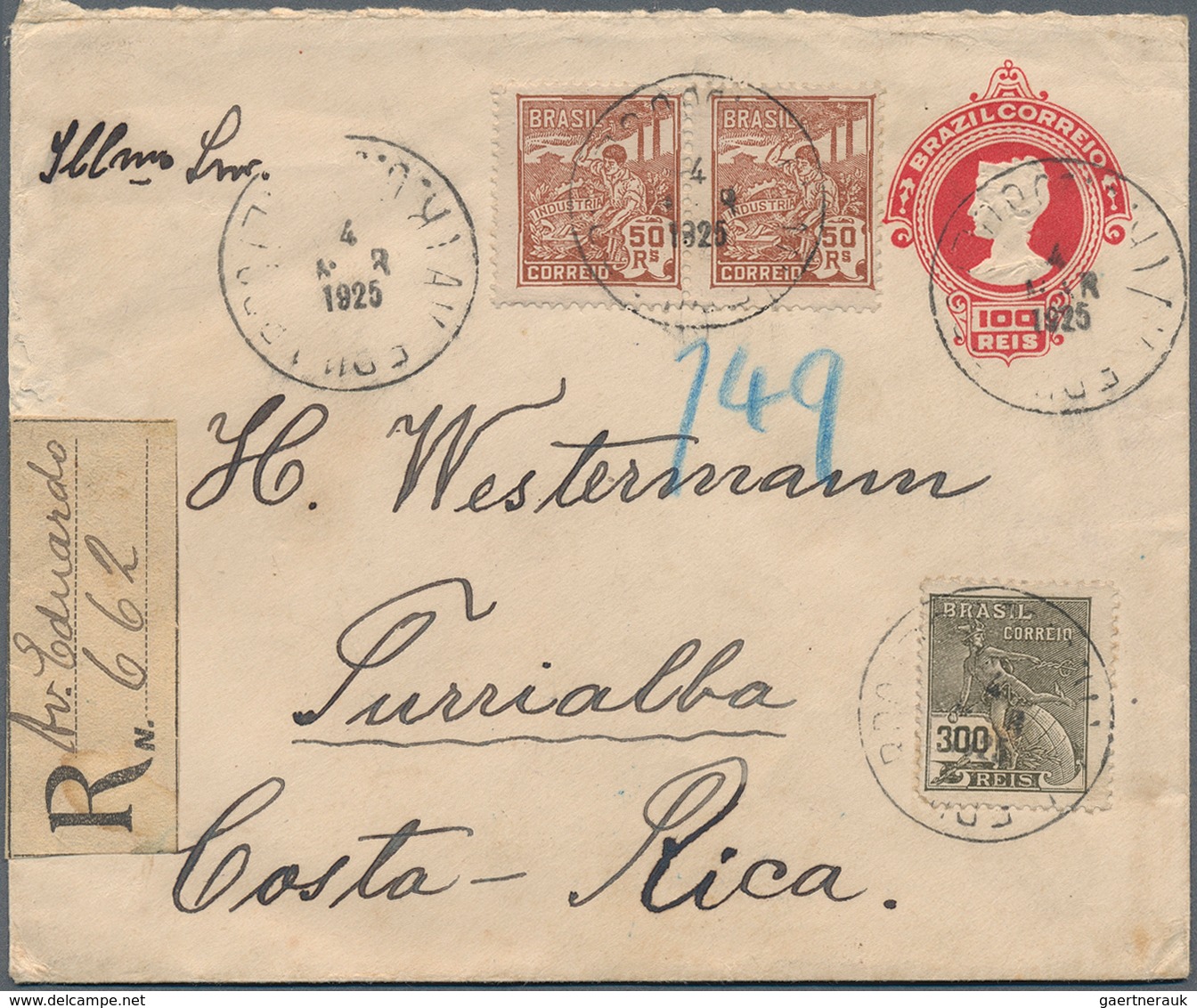 Brasilien - Ganzsachen: 1912, Stationery Reply Card 50 R./50 R. Red, Uprated With 50 R. Green Comple - Entiers Postaux