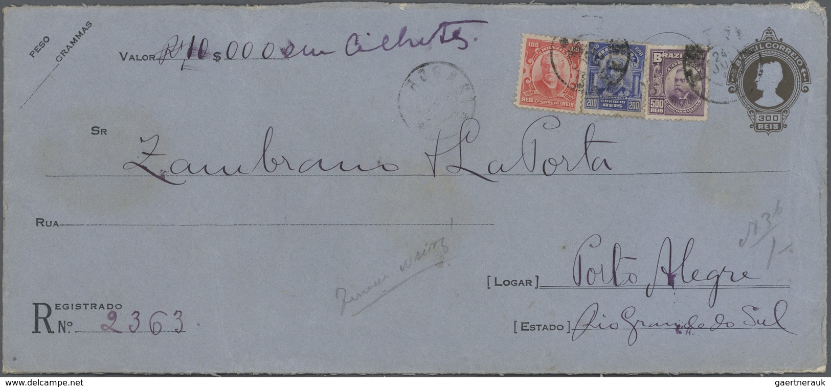 Brasilien - Ganzsachen: 1916, Stationery Registered Linnen Envelope (large Size) 300 R. Uprated With - Entiers Postaux