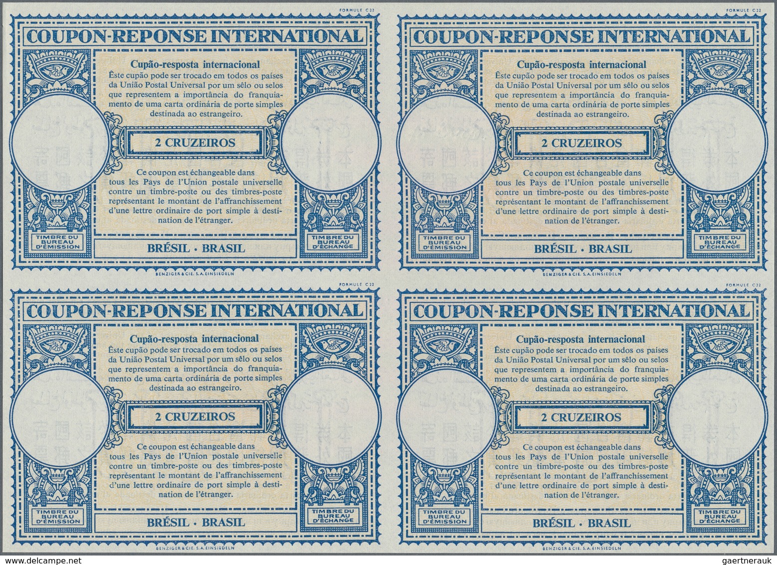 Brasilien - Ganzsachen: 1953. International Reply Coupon 2 Cruzeiros (London Type) In An Unused Bloc - Entiers Postaux