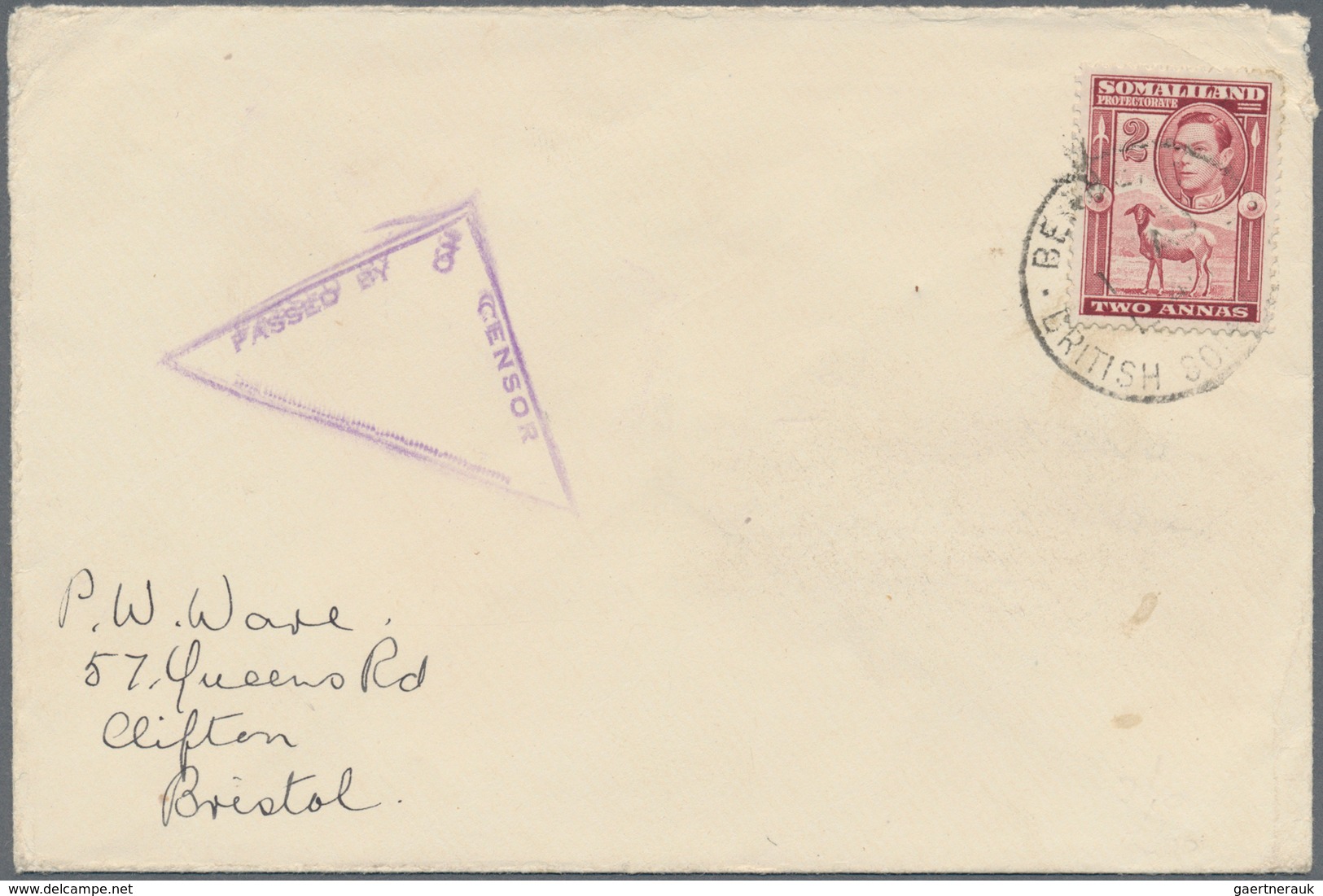 Britisch-Somaliland: 1940 Censored Cover From Berbera To Bristol Franked By 1938 2a. Maroon Tied By - Somalie (1960-...)
