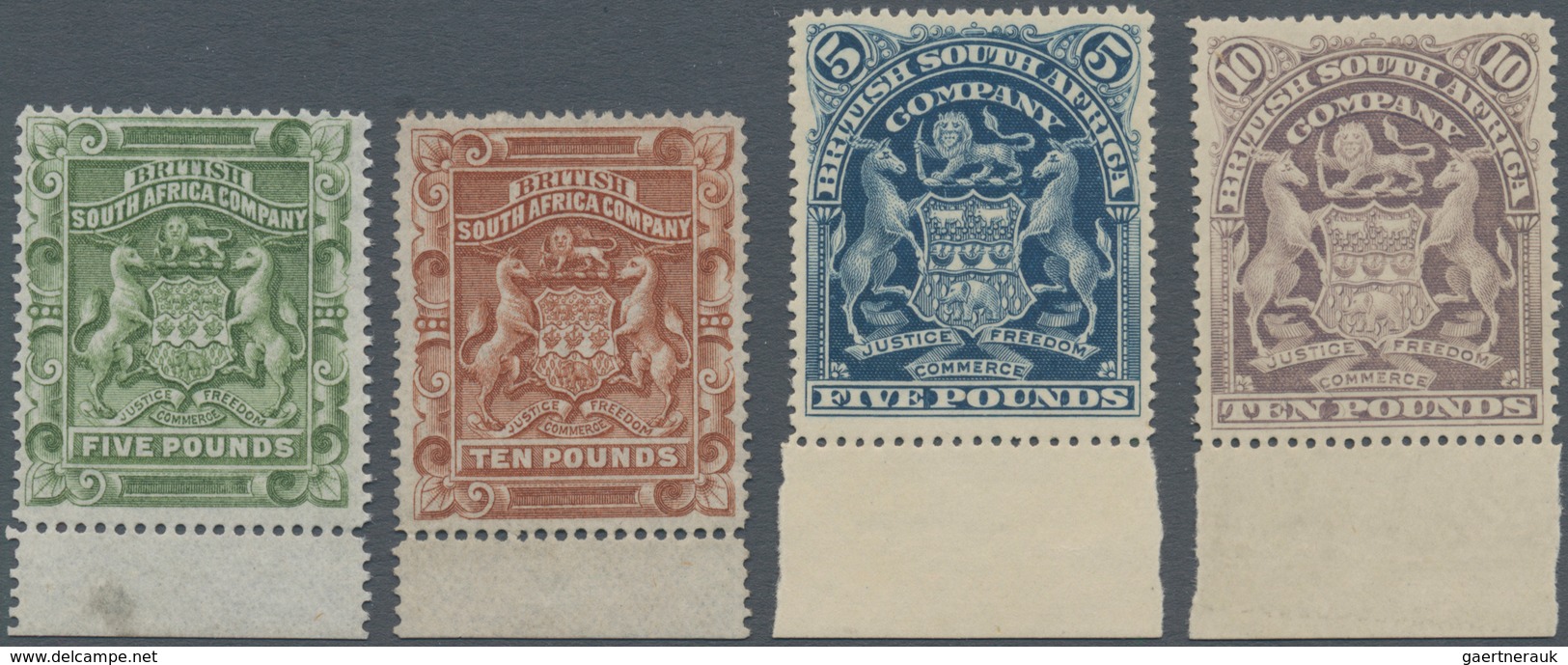 Britische Südafrika-Gesellschaft: 1892/1901, £5 Sage-green, £10 Brown, £5 Deep Blue And £10 Lilac, F - Ohne Zuordnung