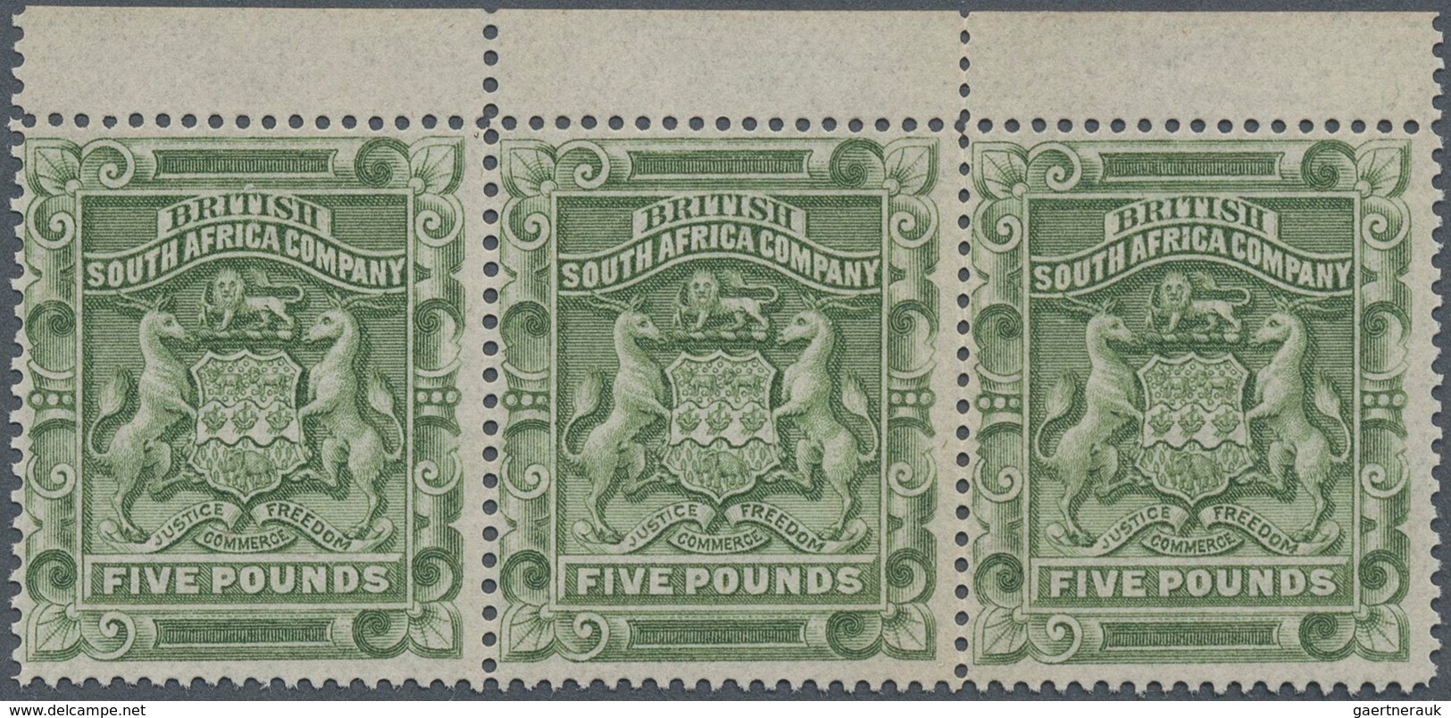 Britische Südafrika-Gesellschaft: 1892, £5 Sage-green, Top Marginal Horizontal Strip Of Three (one V - Non Classés