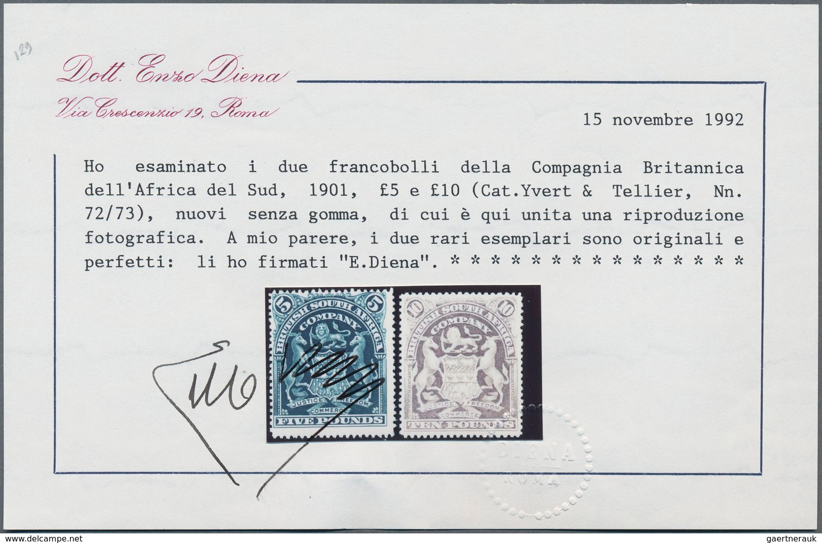 Britische Südafrika-Gesellschaft: 1901, £5 Deep Blue And £10 Lilac, Unused No Gum, Signed And Certif - Non Classés