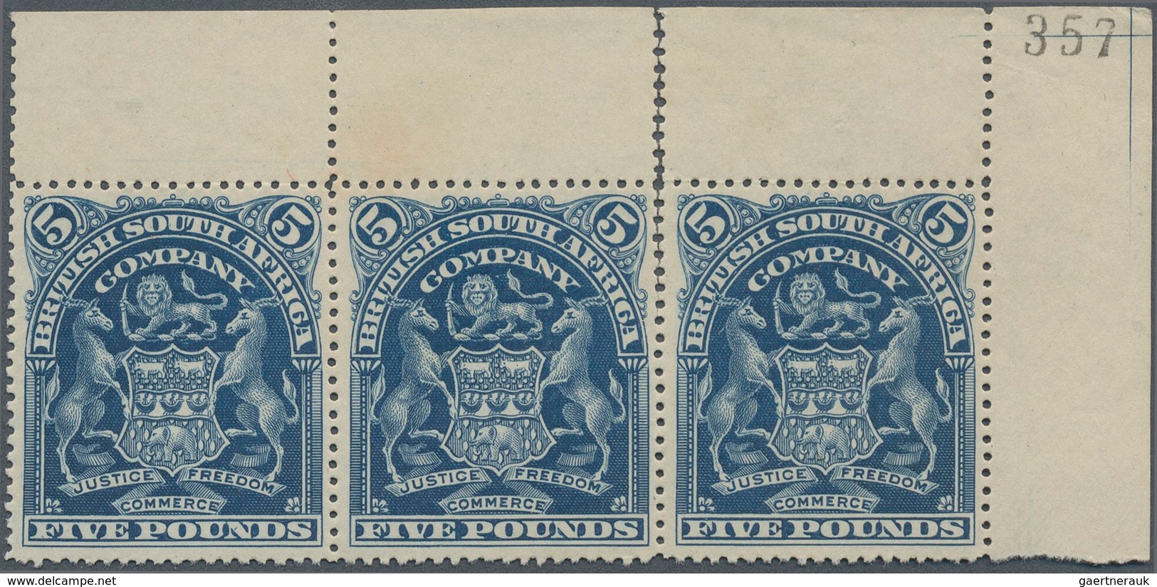 Britische Südafrika-Gesellschaft: 1901, £5 Deep Blue, Horizontal Strip Of Three From The Upper Right - Non Classés