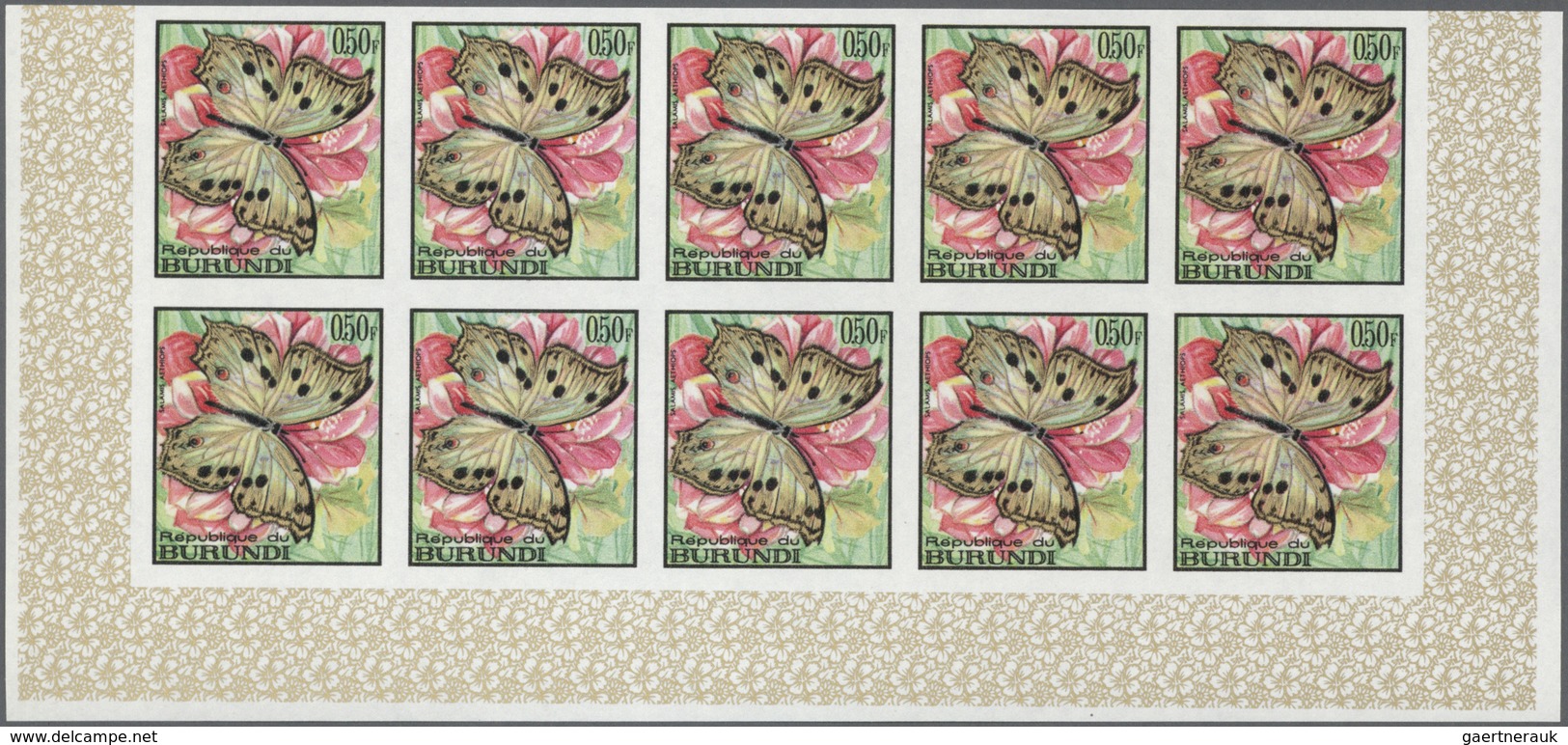 Burundi: 1968, Butterflies Complete Set Of 16 In IMPERFORATE Blocks Of Ten From Lower Margins, Mint - Autres & Non Classés