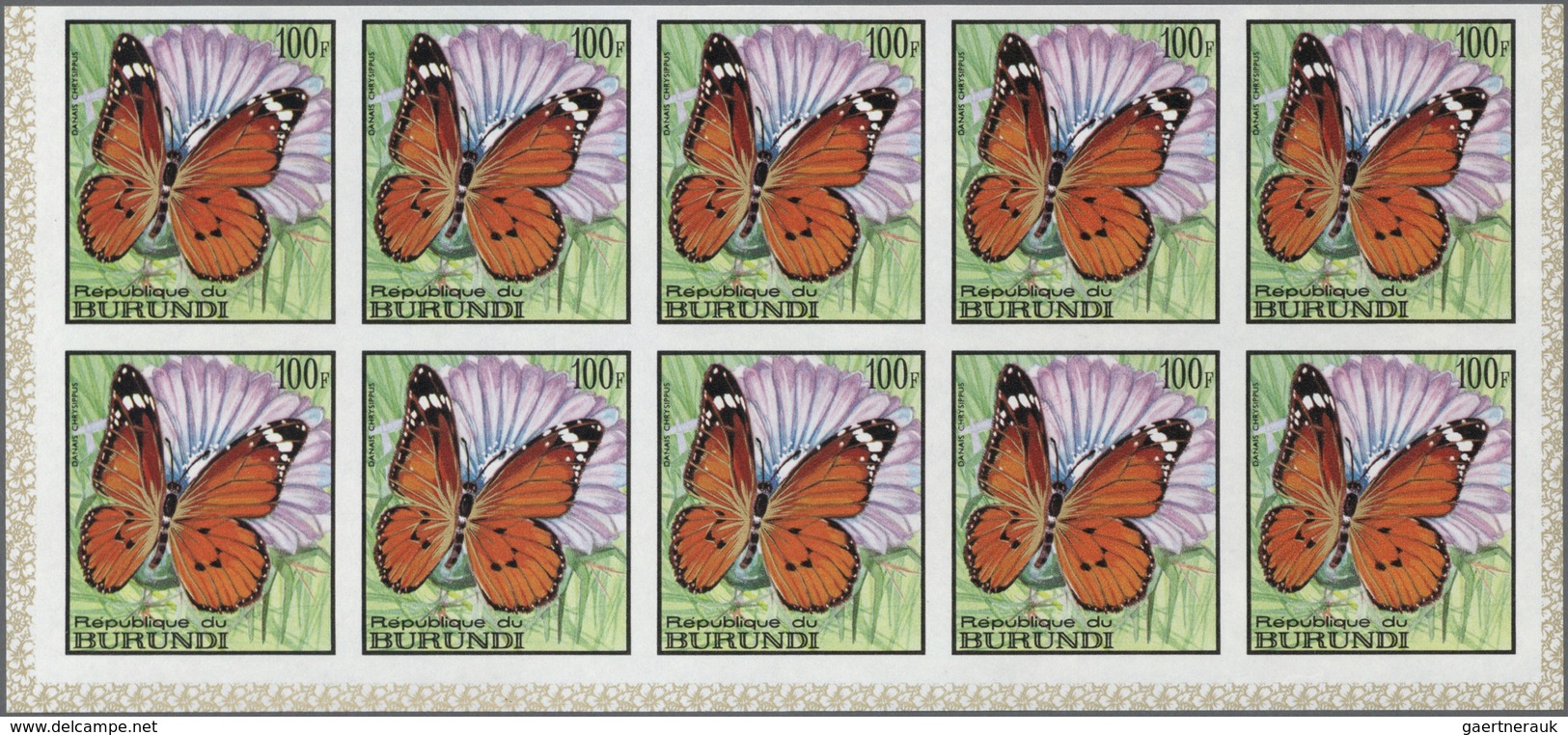 Burundi: 1968, Butterflies complete set of 16 in IMPERFORATE blocks of ten from lower margins, mint