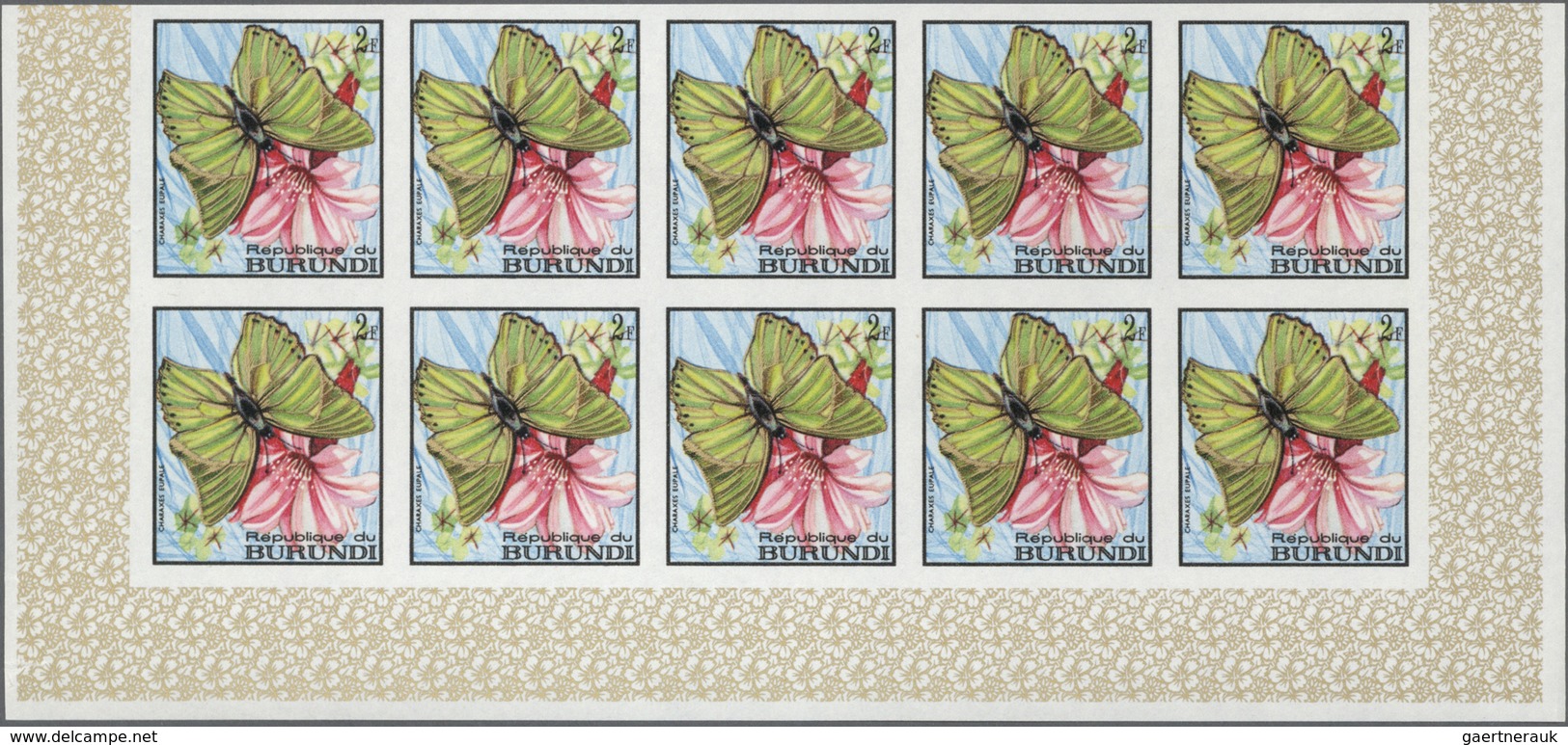 Burundi: 1968, Butterflies complete set of 16 in IMPERFORATE blocks of ten from lower margins, mint