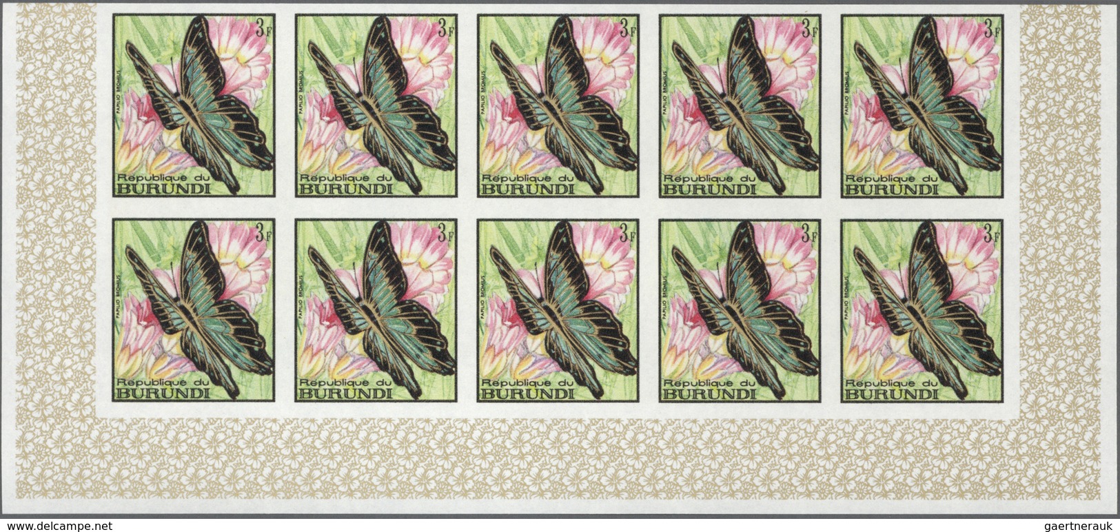 Burundi: 1968, Butterflies complete set of 16 in IMPERFORATE blocks of ten from lower margins, mint
