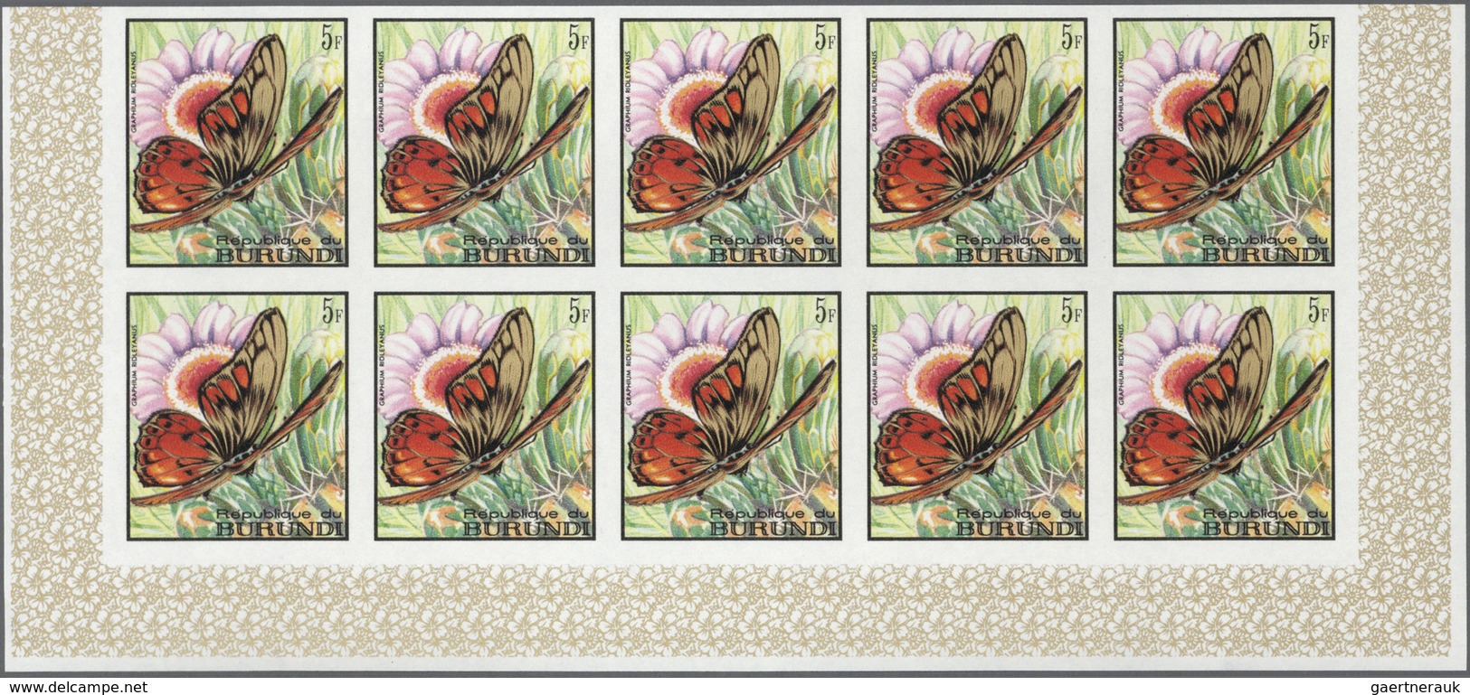 Burundi: 1968, Butterflies complete set of 16 in IMPERFORATE blocks of ten from lower margins, mint