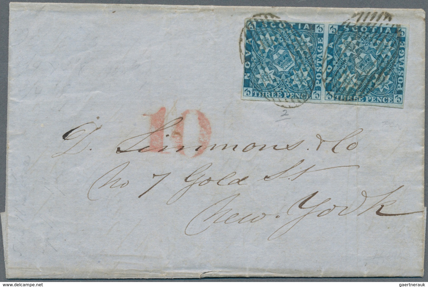 Neuschottland: 1851 3d. Blue Pair, Used On Entire Letter From Amherst To New York In 1853, Cancelled - Briefe U. Dokumente