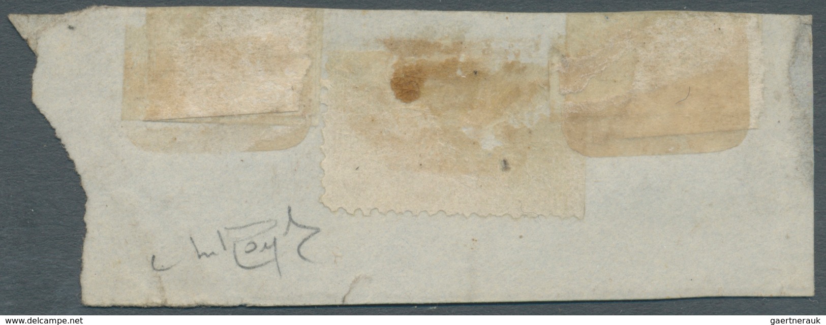 Neuschottland: 1857, Crown And Heraldic Flowers Imperf. 3d. Pale Blue Horiz. Strip Of Three With The - Lettres & Documents