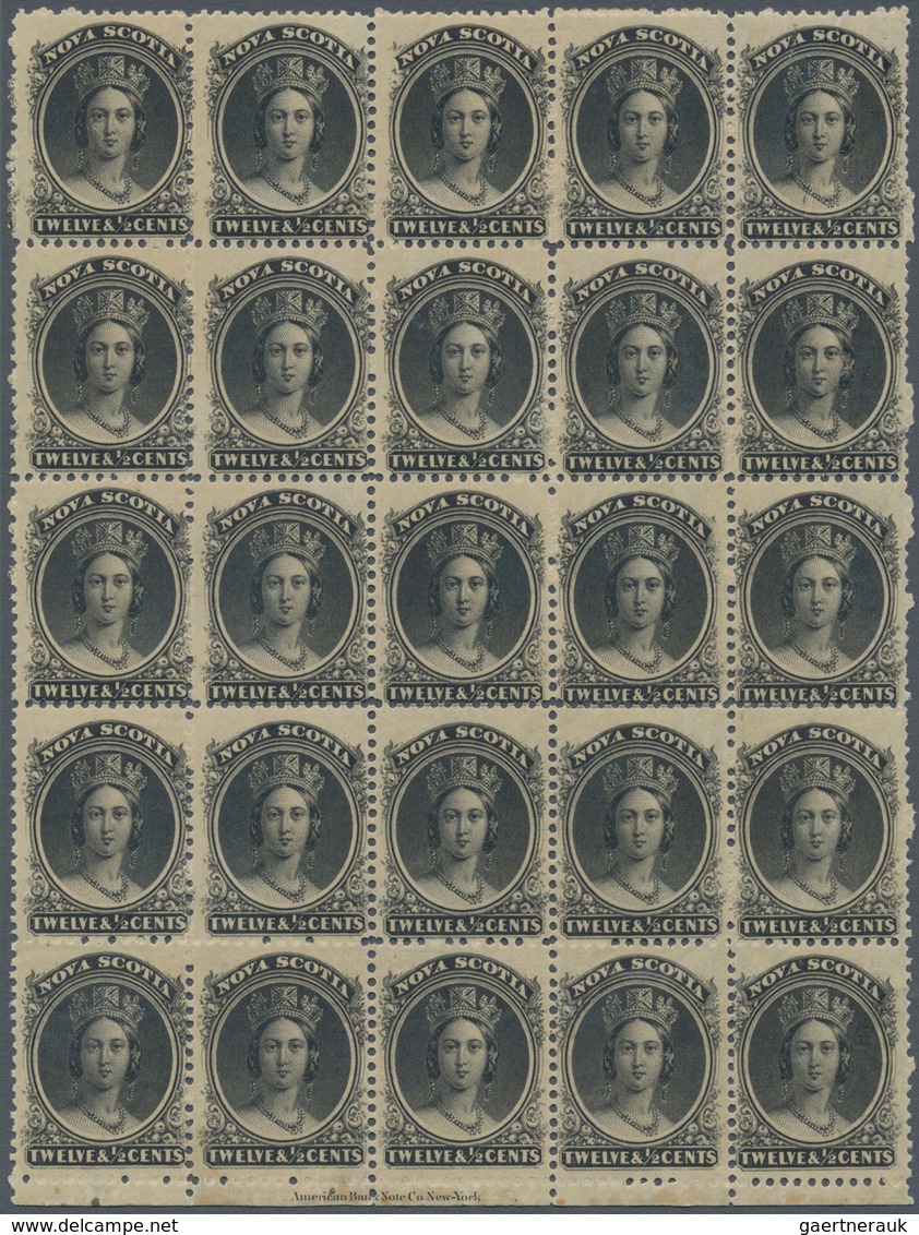 Neuschottland: 1860, QV 12½c. Black On Yellowish Paper Block Of 25 From Upper Left Corner/bottom Mar - Storia Postale