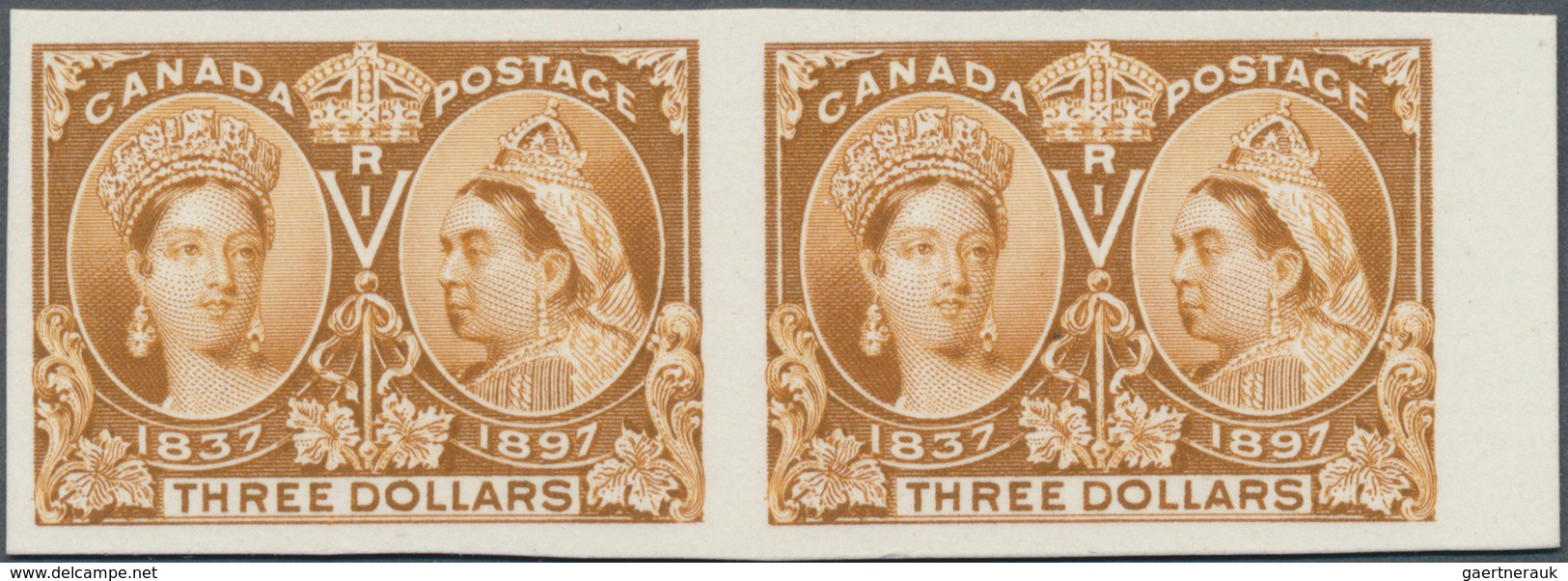 Canada: 1897, Jubilee $3 Bistre, Imperforate Proof Pair, Issued Design And Colour On Cardboard. - Neufs