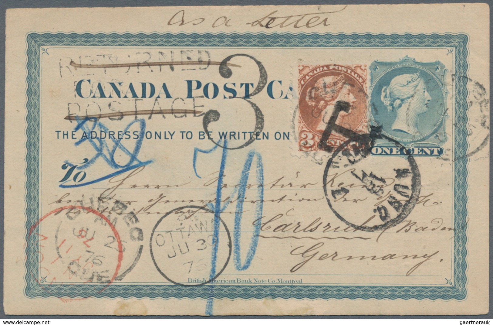 Canada - Ganzsachen: 1876, Card QV 1 C. Uprated QV 3 C. Tied "QUEBEC JU 25 76" To Carlsruhe/Germany, - 1953-.... Elizabeth II