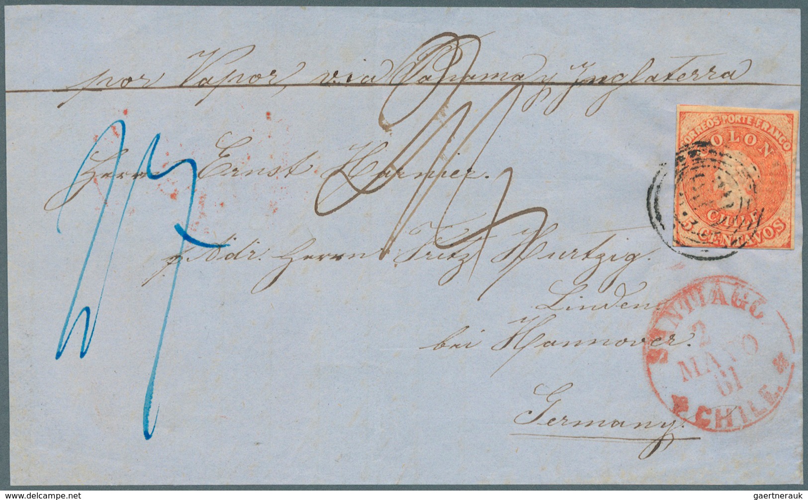 Chile: 1861, 5c. Red, Single On Envelope Front Only Tied By Black Target, Red "SANTIAGO 2/MAYO 61 CH - Chili