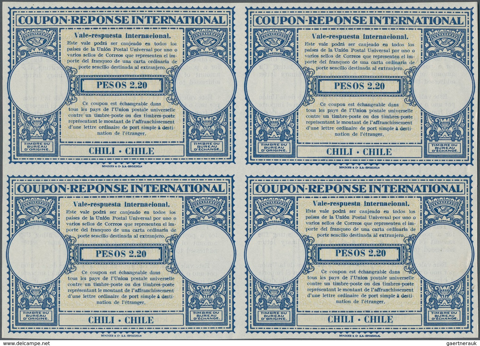 Chile - Ganzsachen: 1940. International Reply Coupon 2.20 Pesos (London Type) In An Unused Block Of - Chile