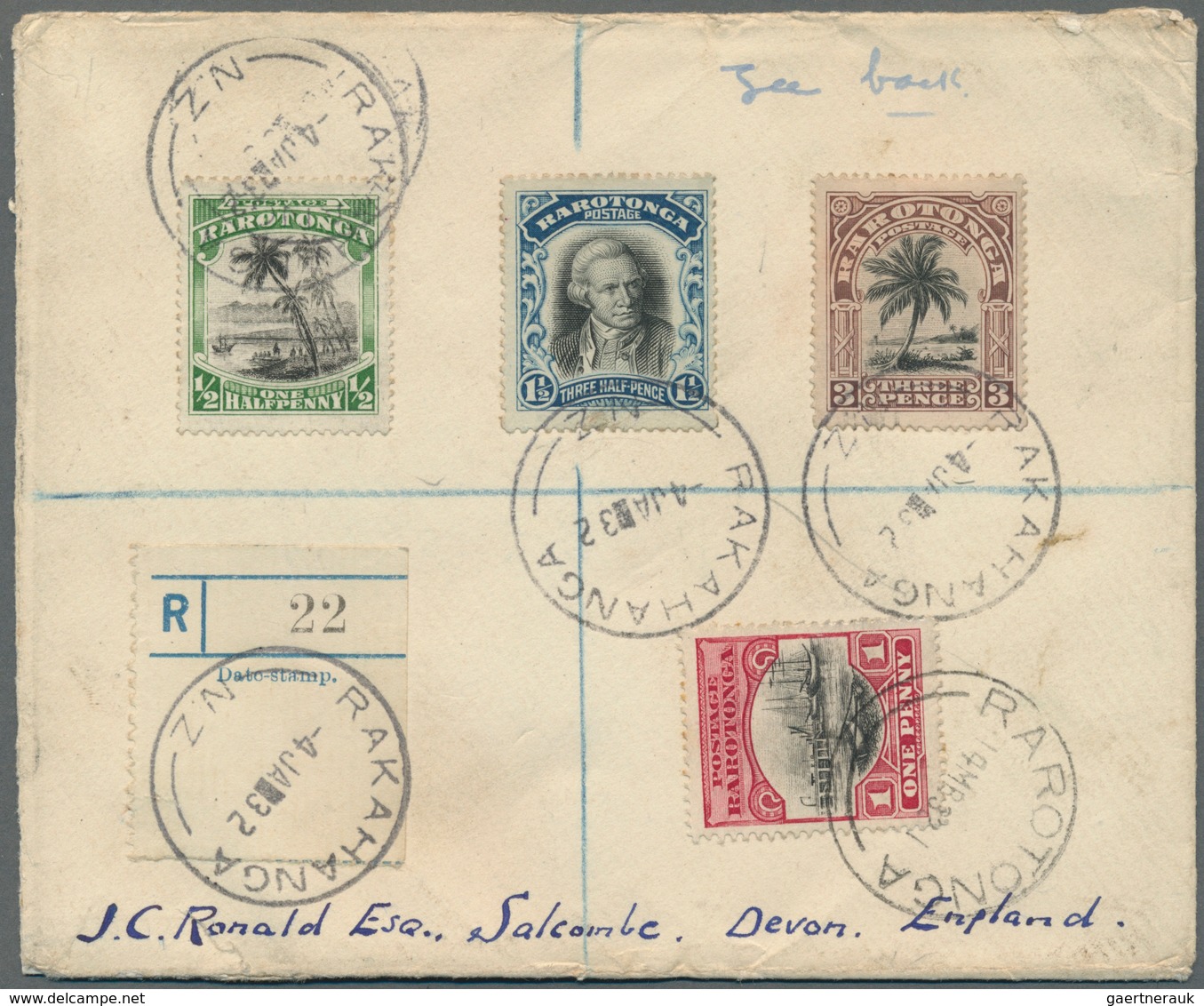 Cook-Inseln: 1932, Registered Letter To England With 1, 1 1/2 And 3 D Tied By "RAKAHANGA 4 JA 32" An - Cook