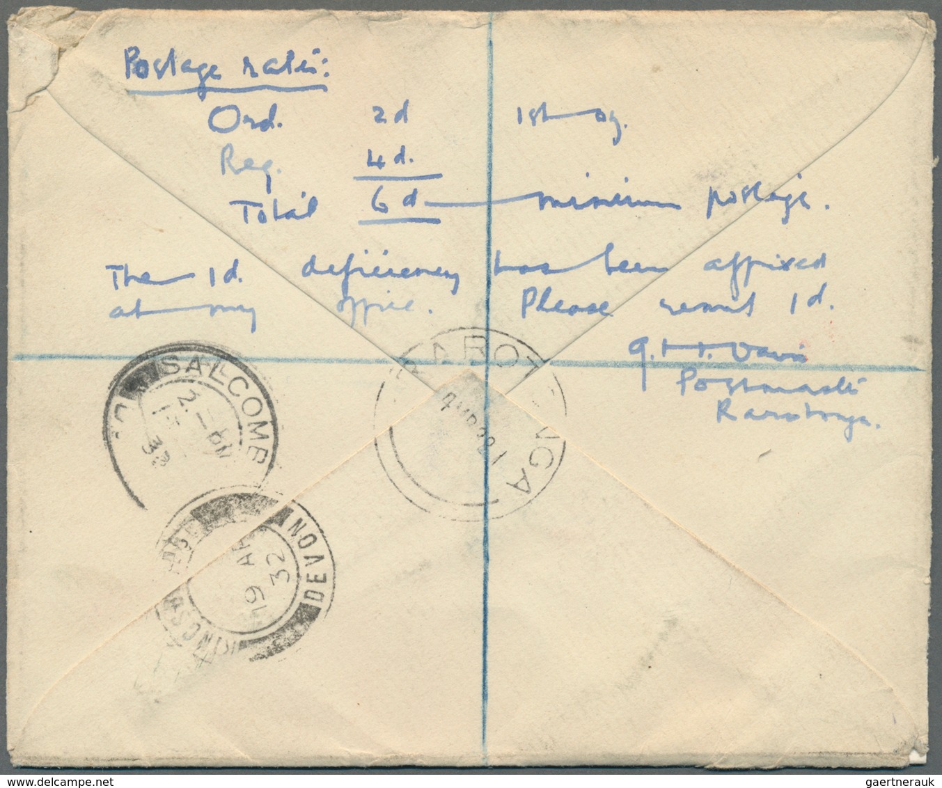 Cook-Inseln: 1932, Registered Letter To England With 1, 1 1/2 And 3 D Tied By "RAKAHANGA 4 JA 32" An - Cook