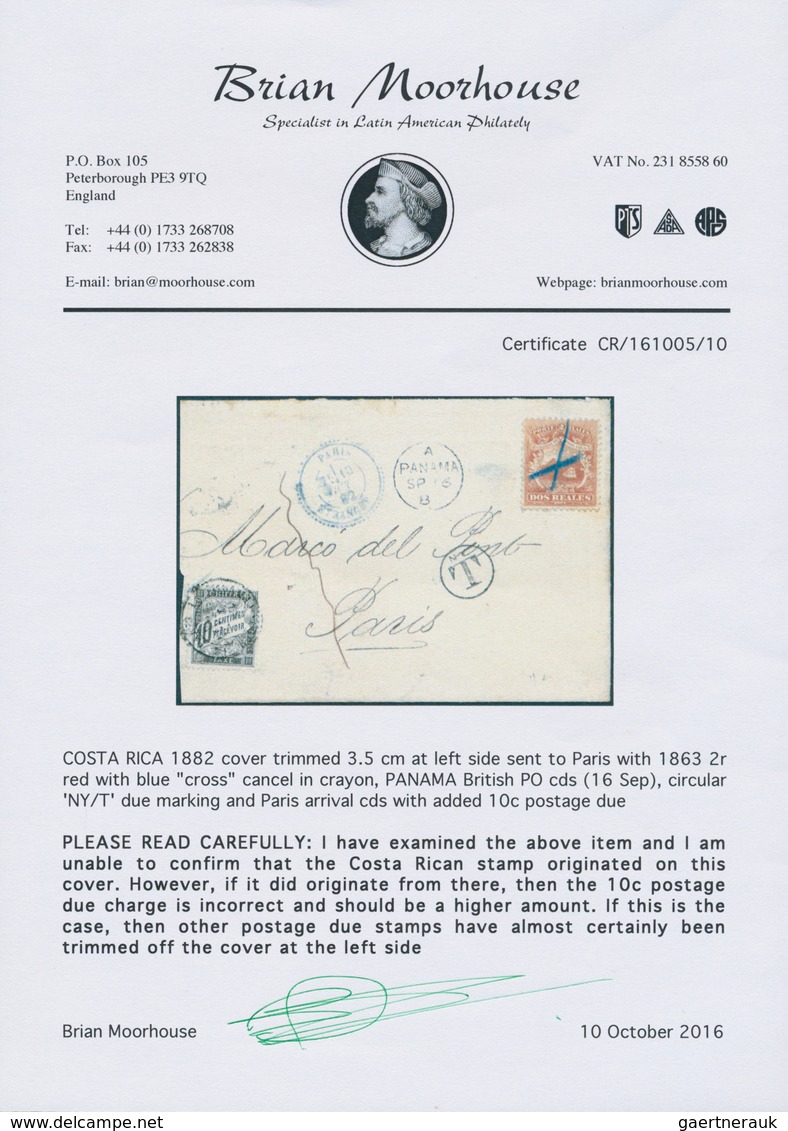 Costa Rica: 1882 Cover (trimmed 3.5 Cm At Left) To Paris Bearing 1863 2r. Red With Blue "cross" Canc - Costa Rica