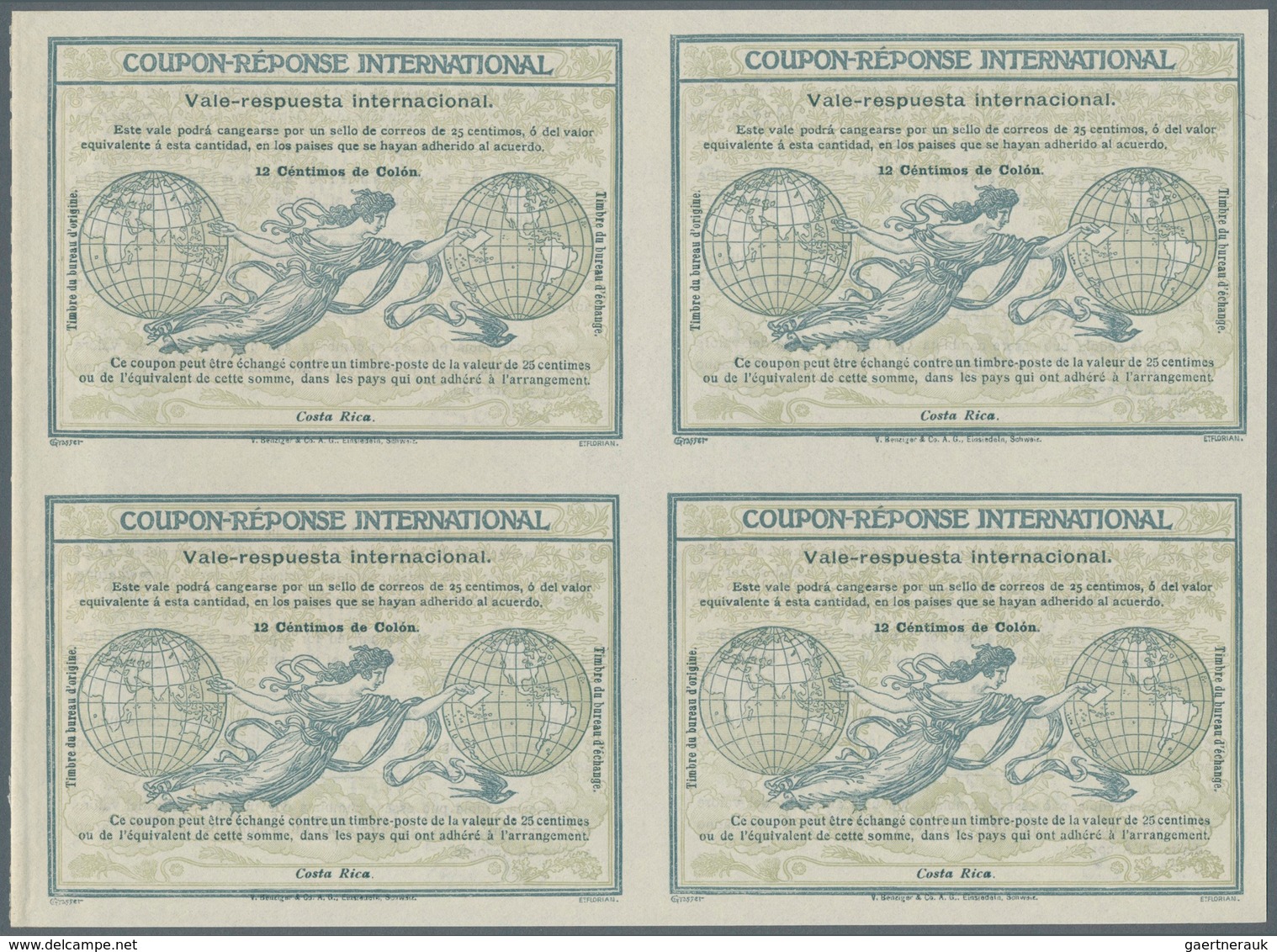 Costa Rica: Design "Rome" 1906 International Reply Coupon As Block Of Four 12 C. Costa Rica. This Bl - Costa Rica