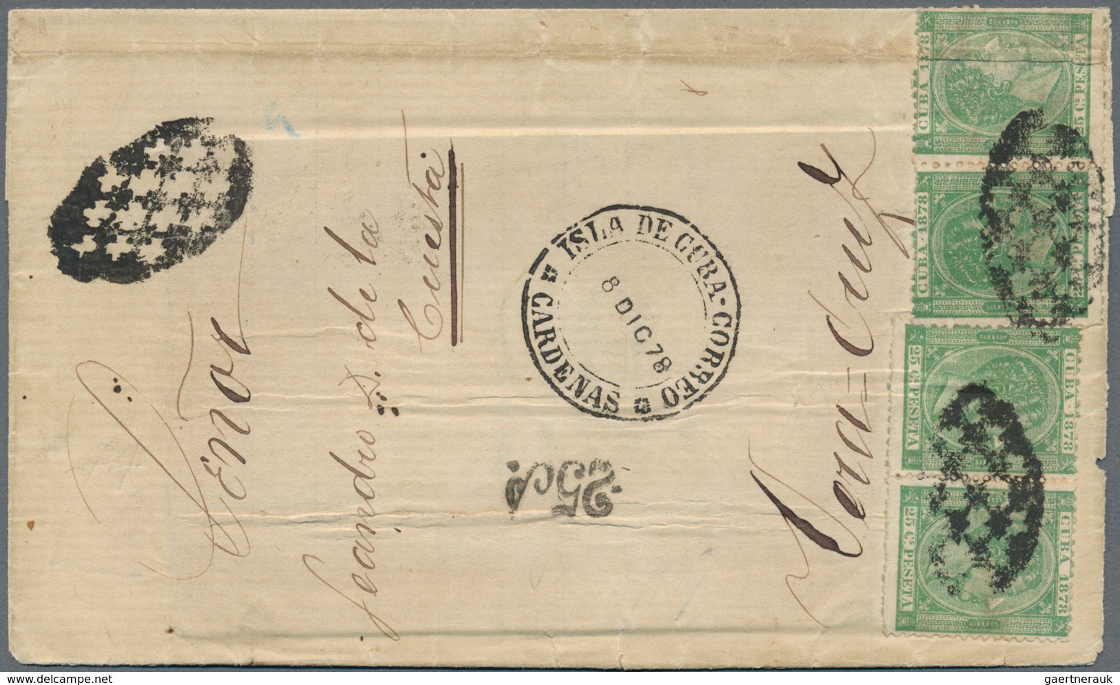 Cuba - Spanische Kolonie: 1878, 5 C. (4, Two Pairs) Tied Oval West India Cross Mark To Cover From "G - Cuba (1874-1898)