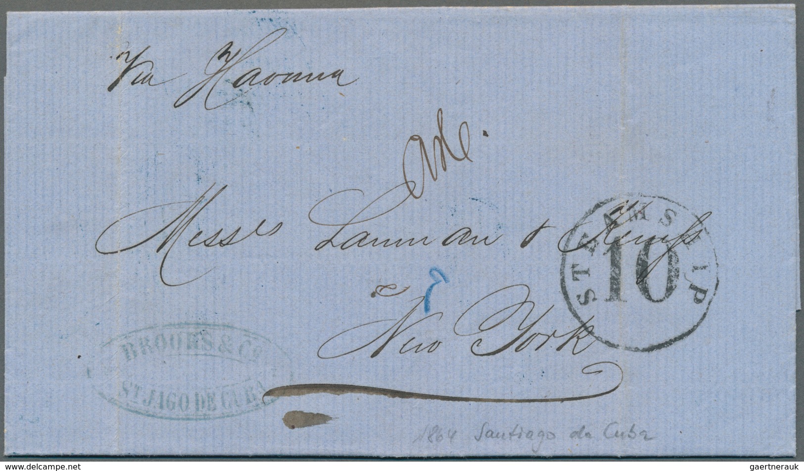 Cuba: 1864, Folded Letter From Santiago Forwarded By "Brooks, Douglas & Co., Havanna" With Clear Str - Autres & Non Classés