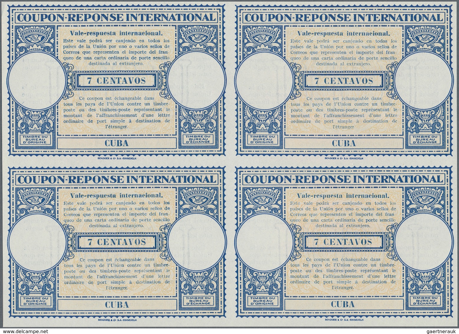 Cuba: 1947. International Reply Coupon 7 Centavos (London Type) In An Unused Block Of 4. Issued Marc - Autres & Non Classés