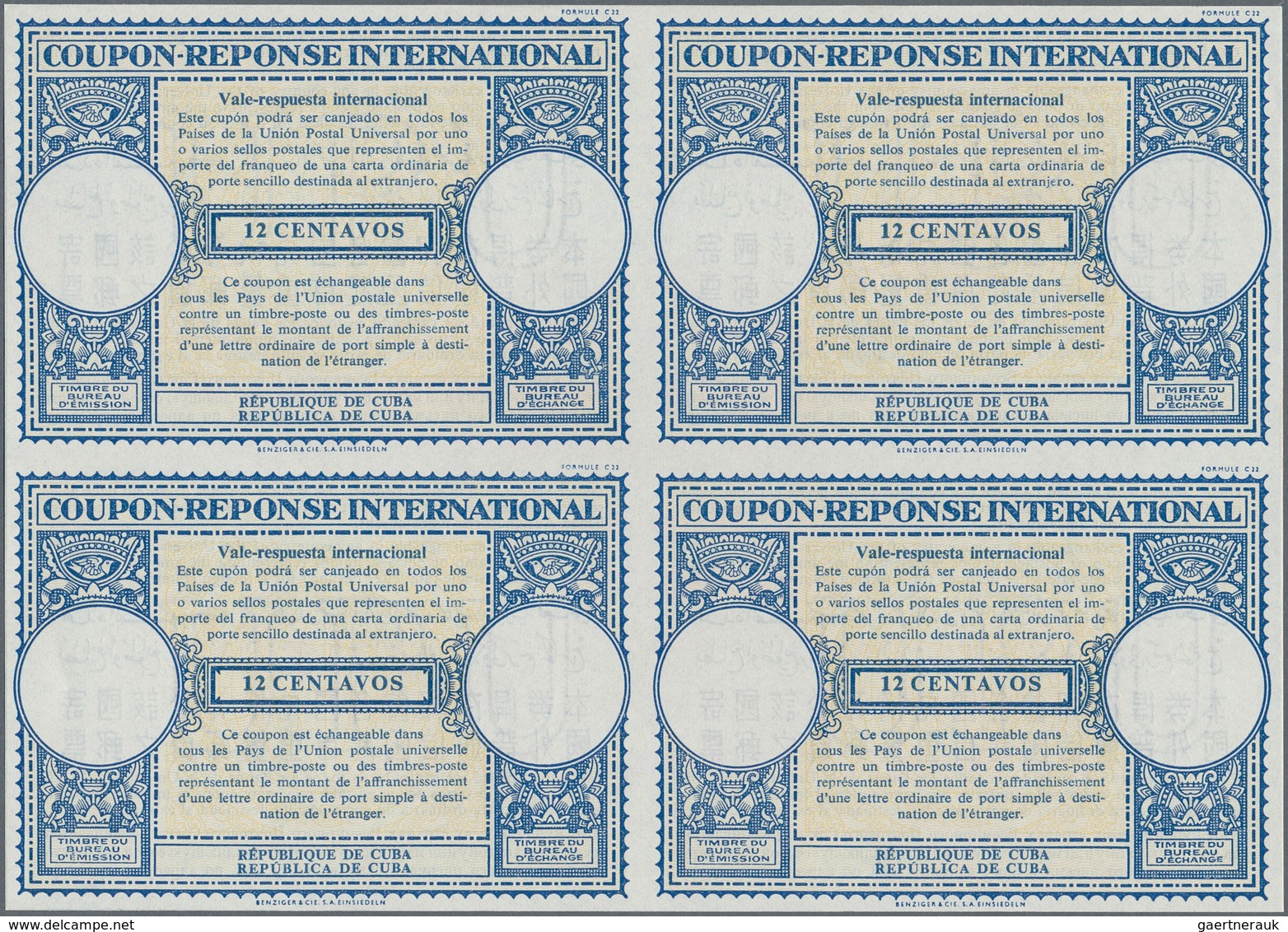 Cuba: 1957. International Reply Coupon 12 Centavos (London Type) In An Unused Block Of 4. Issued Dec - Autres & Non Classés