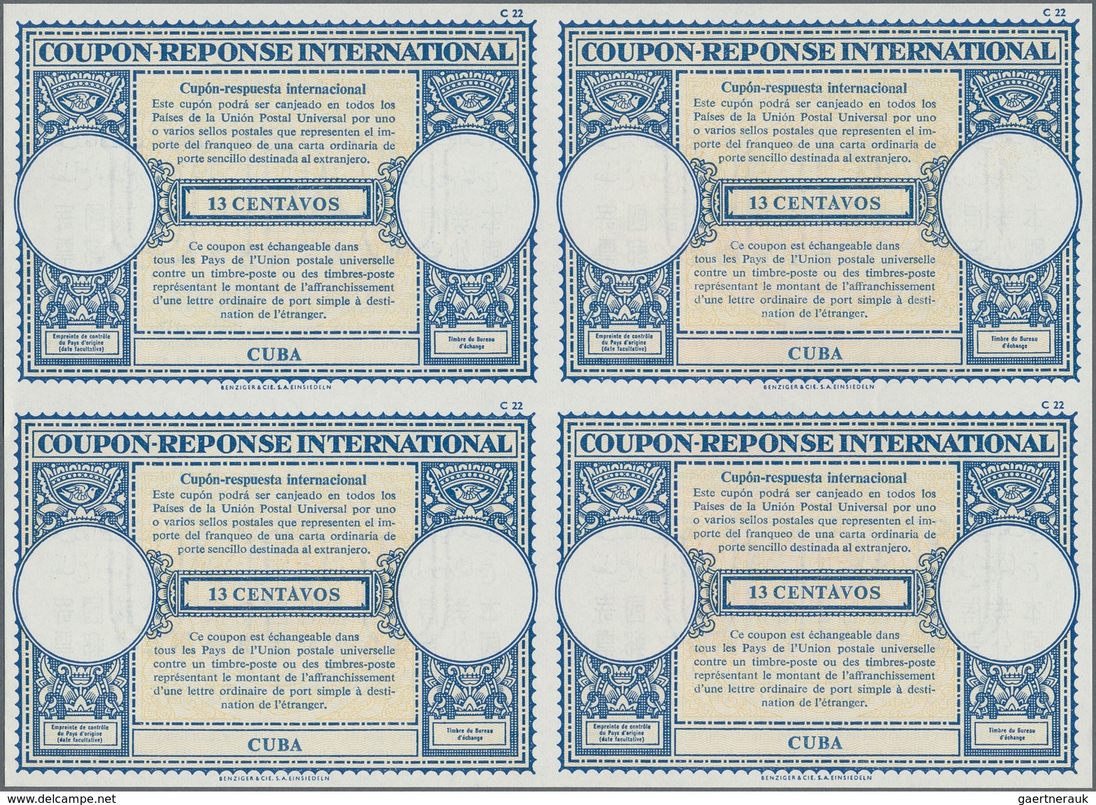 Cuba: 1961. International Reply Coupon 13 Centavos (London Type) In An Unused Block Of 4. Issued Feb - Sonstige & Ohne Zuordnung